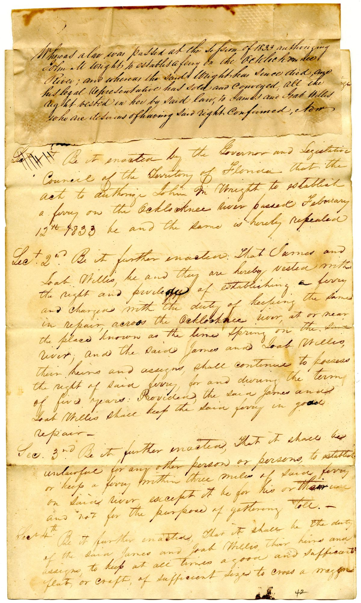 Draft of an Act to Repeal an Act to Authorize John M. Wright to Establish a Ferry on the Ochlockonee River, 1836