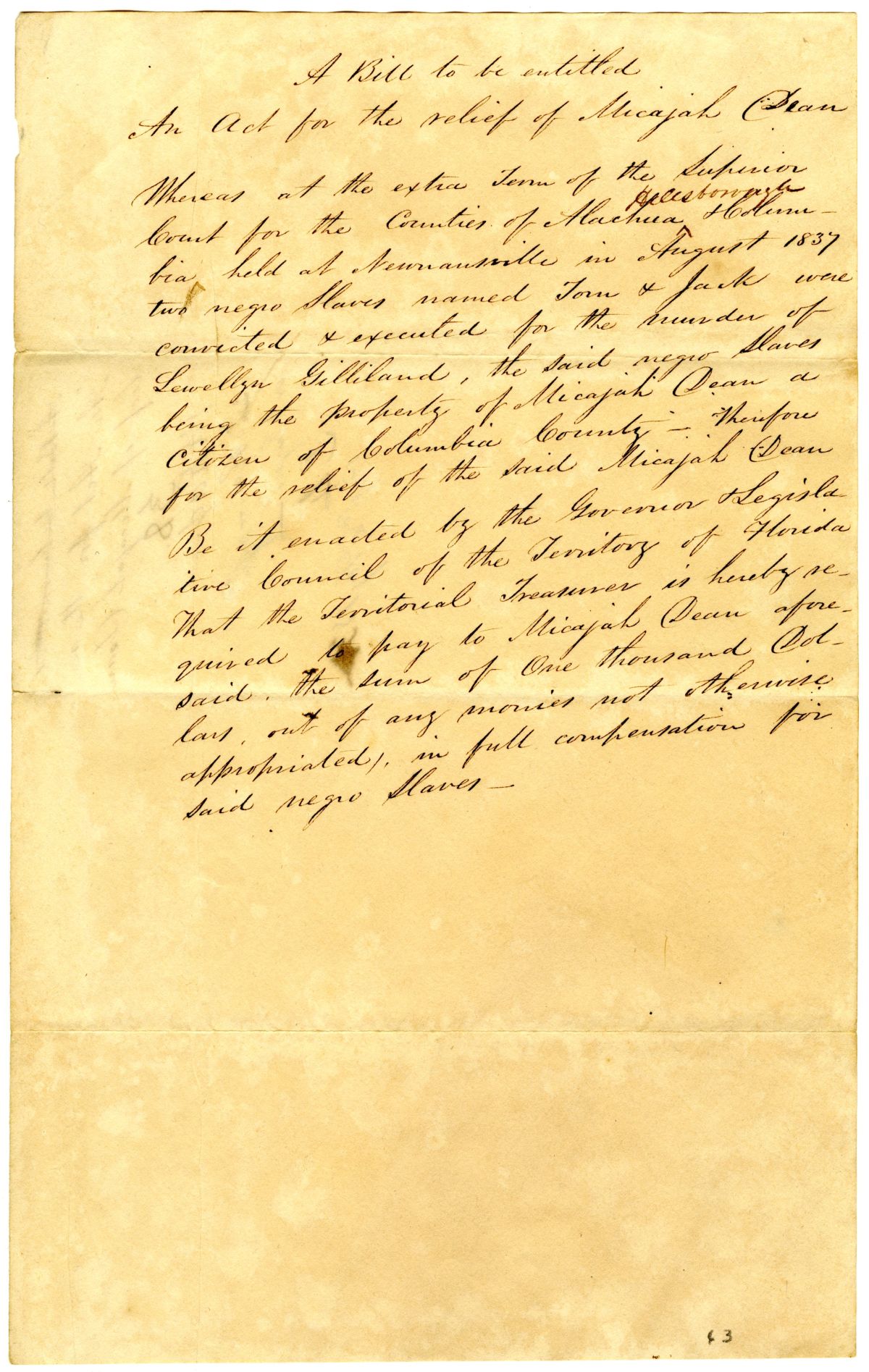 Draft of an Act for the Relief of Micajah Dean, 1838