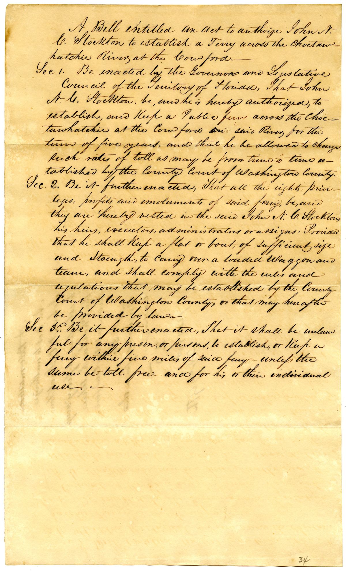 Draft of an Act to Authorize John Noble Cummings Stockton to Establish a Ferry Across the Choctawhatchee River, 1837