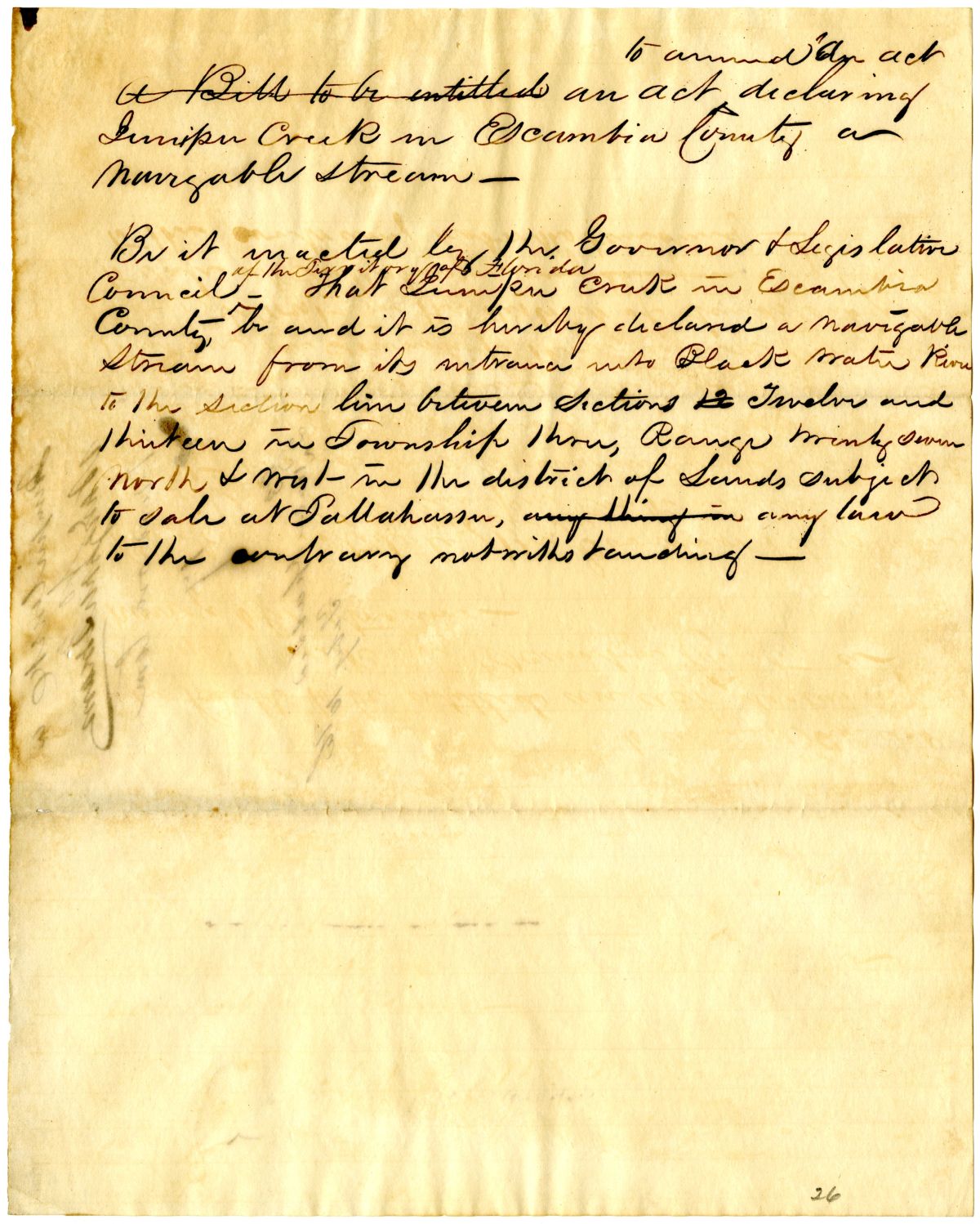 Draft of an Act Declaring Juniper Creek in Escambia County a Navigable Stream, 1836