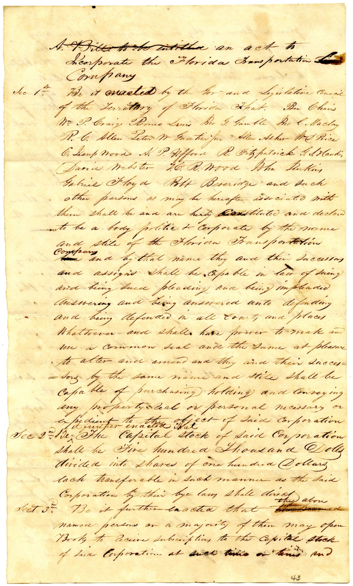 Draft of an Act to Incorporate the Florida Transportation Company, 1837