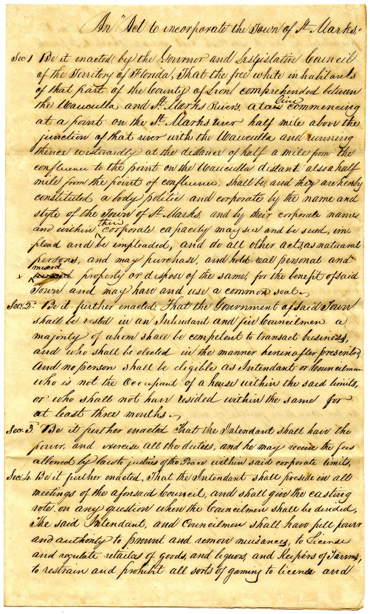 Draft of an Act to Incorporate the Town of Saint Marks, 1837