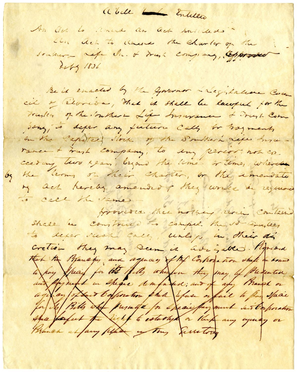 Two Drafts of an Act to Amend an Act to Amend the Charter of the Southern Life Insurance and Trust Company, 1837