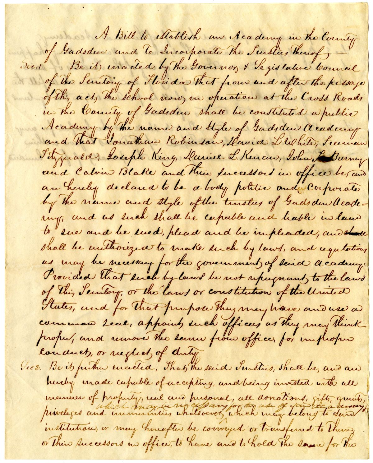 Draft of an Act to Establish an Academy in the County of Gadsden and to Incorporate the Trustees Thereof, 1837