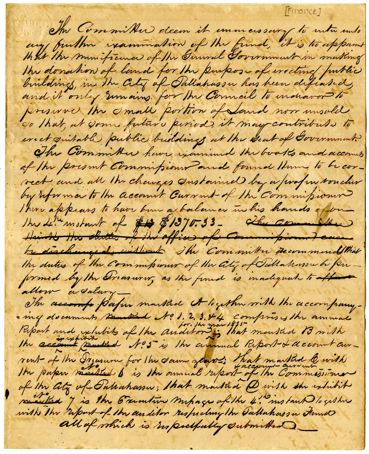 Report of the Finance Committee Concerning the Tallahassee Fund, circa 1837