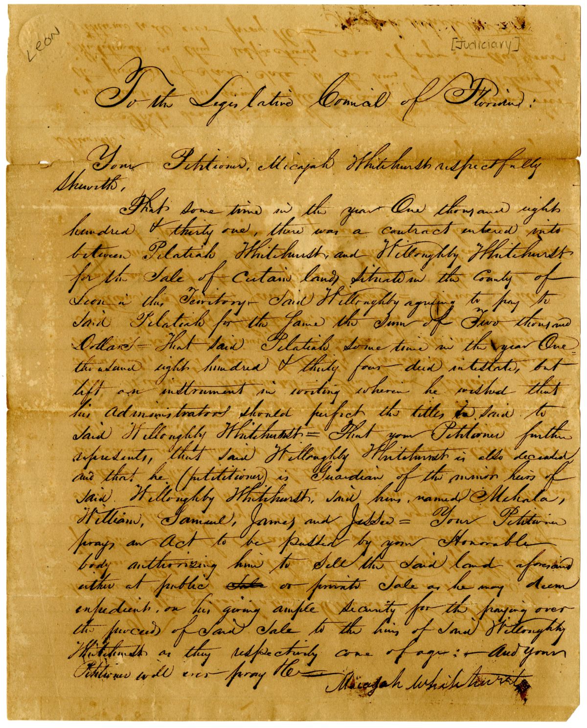 Petition of Micajah Whitehurst Requesting Permission to Sell Land for the Benefit of the Heirs of Willoughby Whitehurst, circa 1836