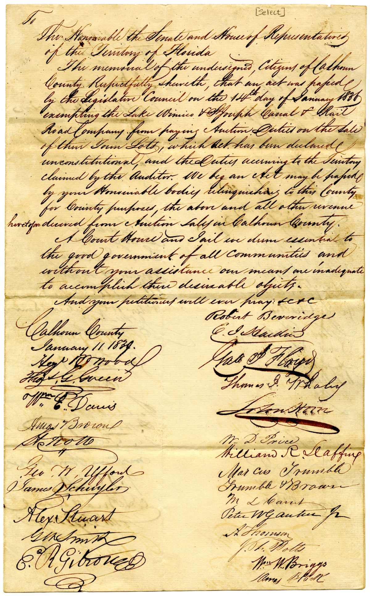 Petition of Citizens of Calhoun County Requesting the Return of Certain Revenue Accrued to the Territory, 1839