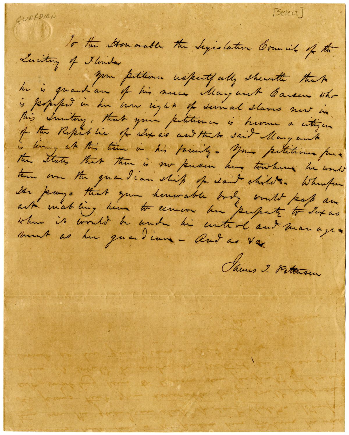 Petition of James T. Patterson Requesting to Remove the Property of His Ward to Texas, circa 1839