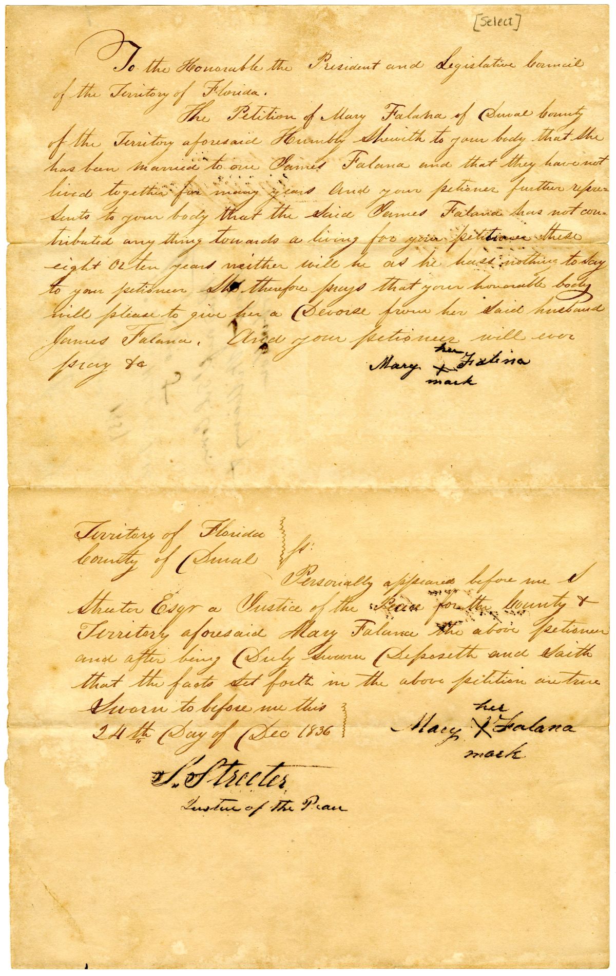 Divorce Petition of Mary Falana, 1837