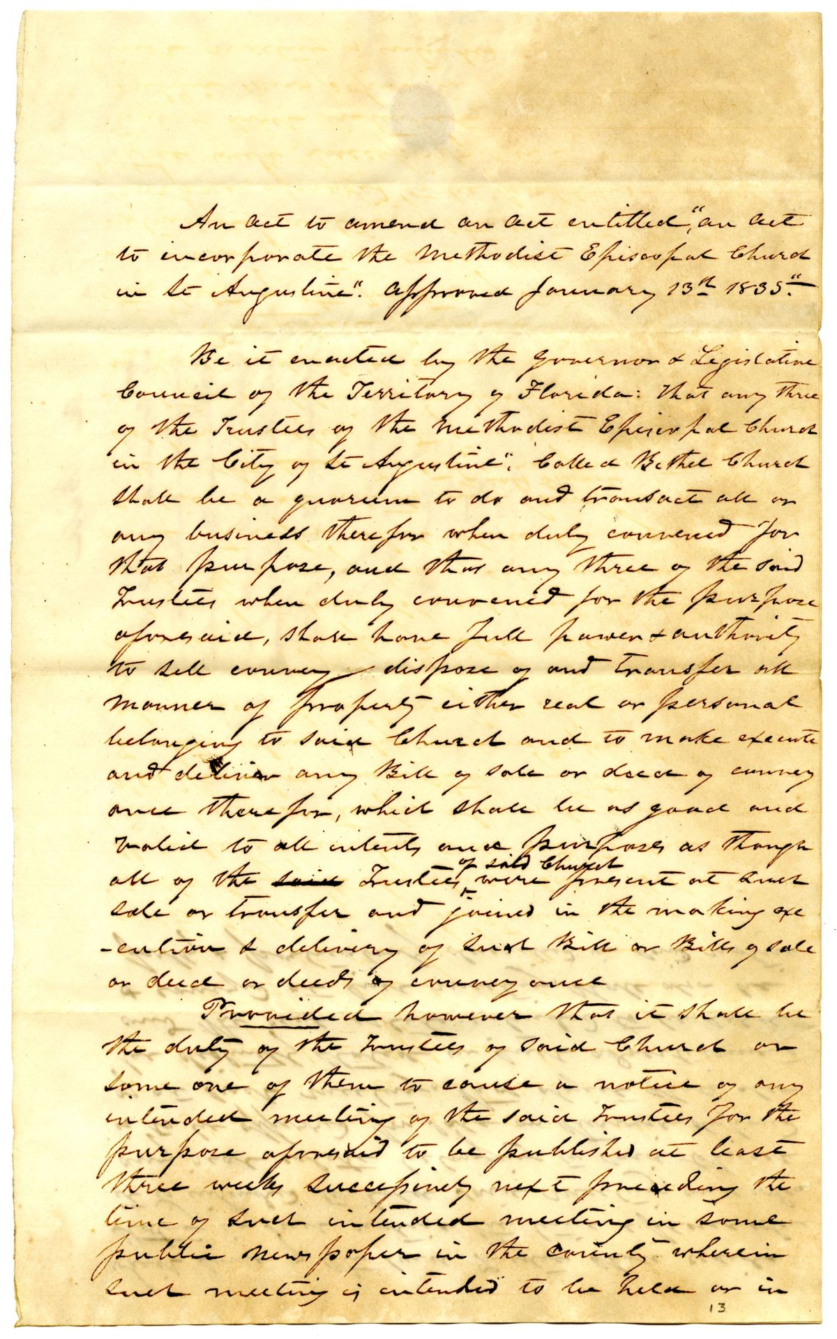 Draft of an Act to Amend an Act to Incorporate the Methodist Episcopal Church in Saint Augustine, 1838