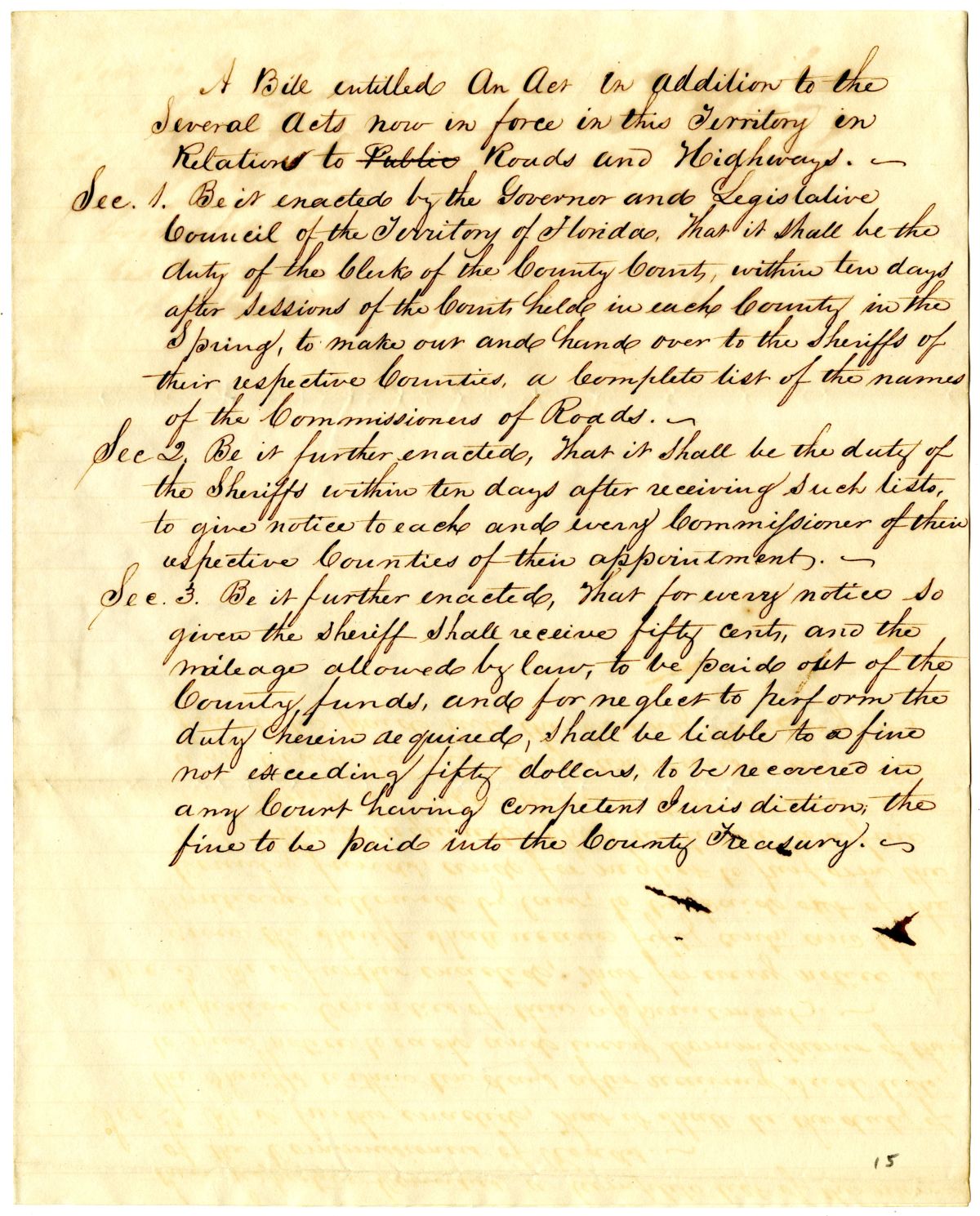 Draft of an Act in Addition to the Several Acts Now in Force Relating to Roads and Highways, 1838