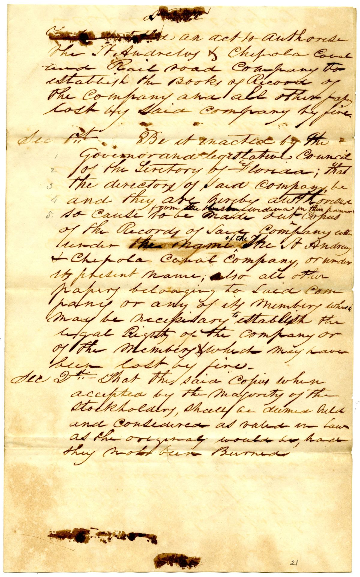 Draft of an Act to Authorize the Saint Andrews and Chipola Canal and Railroad Company to Establish Records Destroyed by Fire, 1838