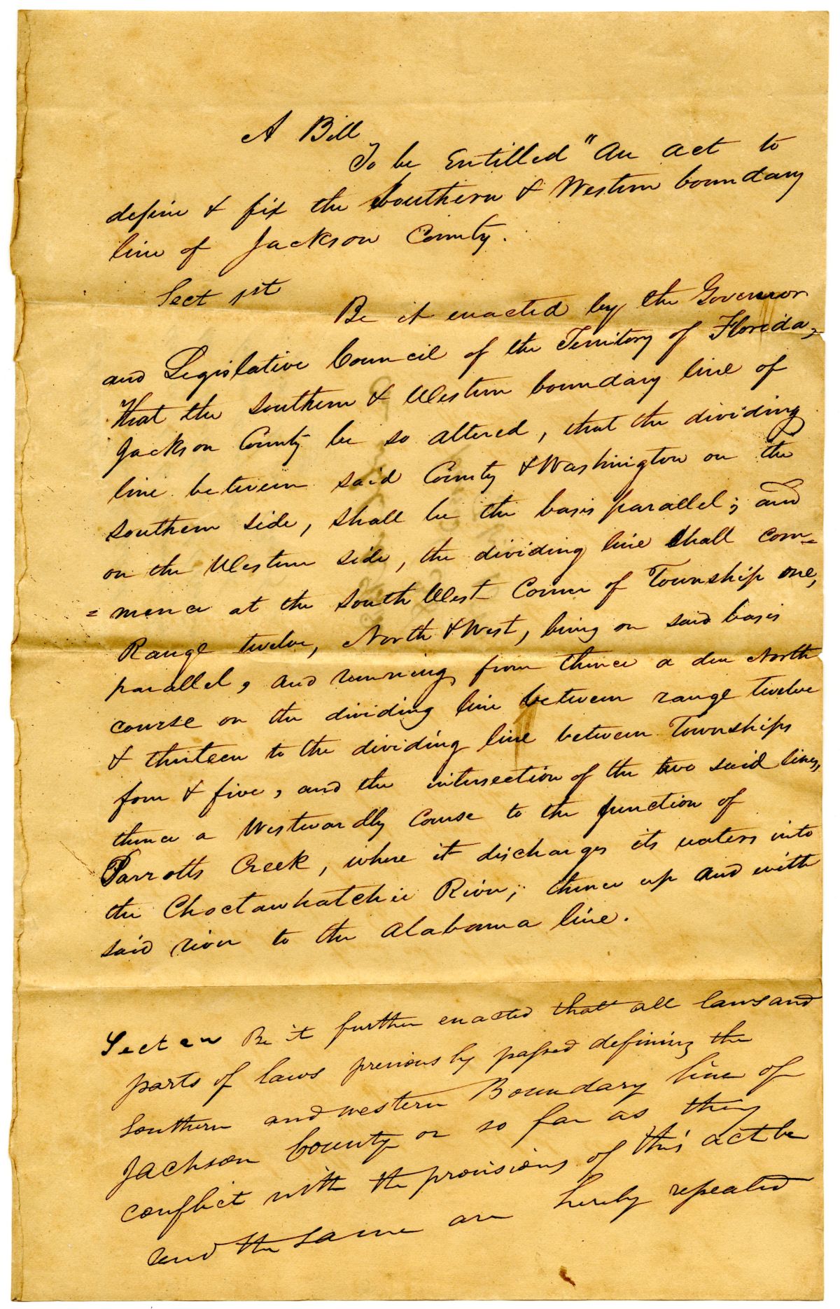 Draft of an Act to Define and Fix the Southern and Western Boundary of Jackson County, 1838