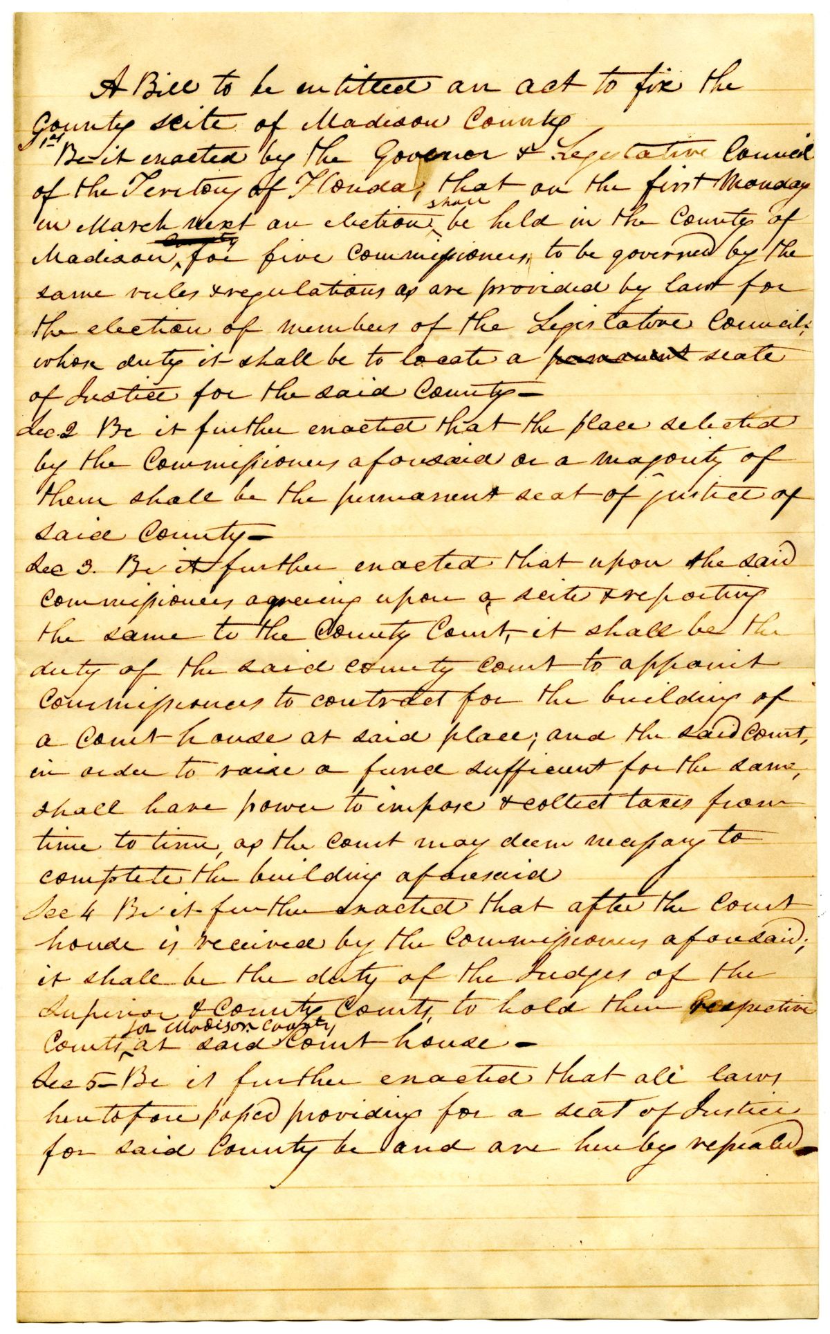 Draft of an Act to Fix the County Site of Madison County, 1838