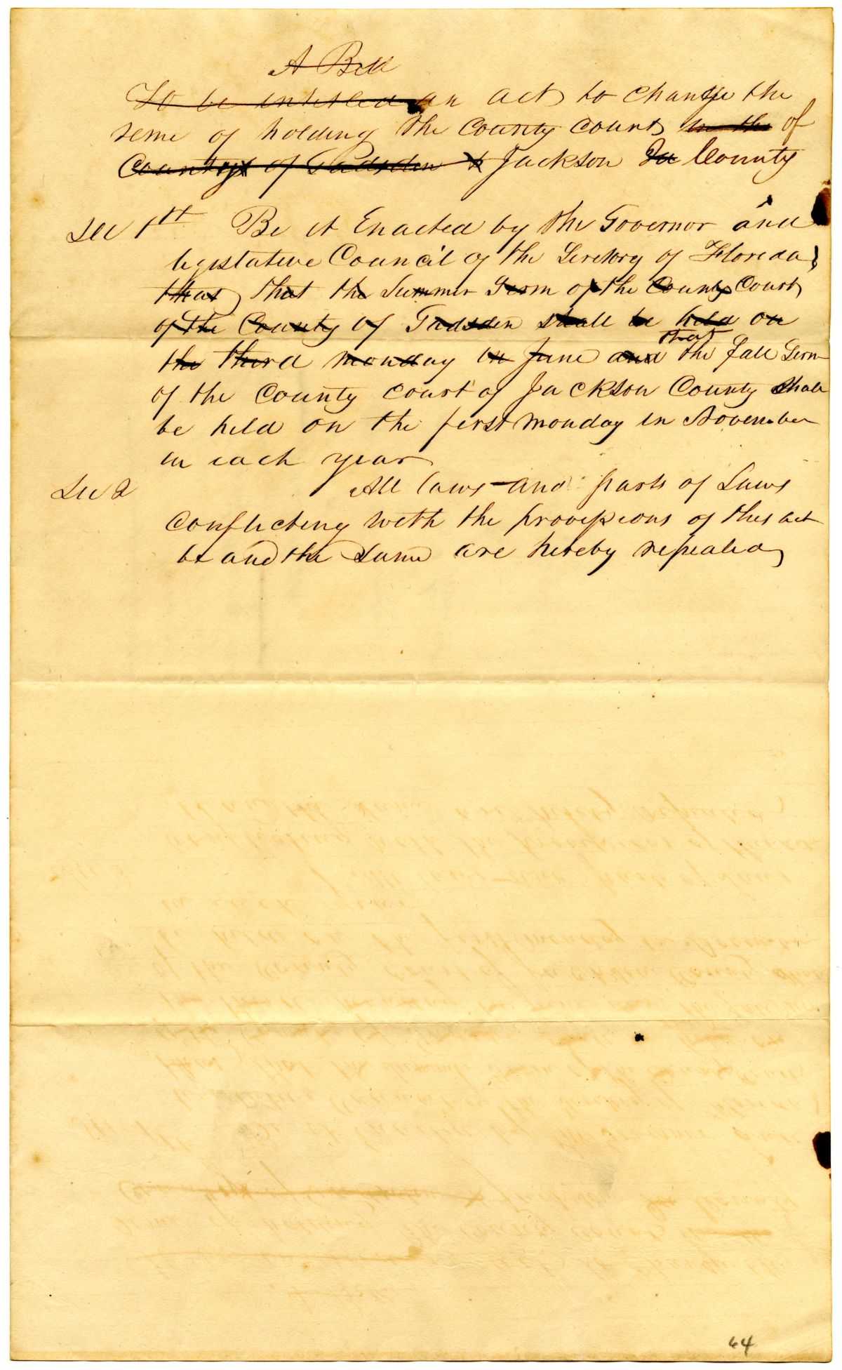 Draft of an Act to Change the Time of Holding the County Court of Jackson County, 1838