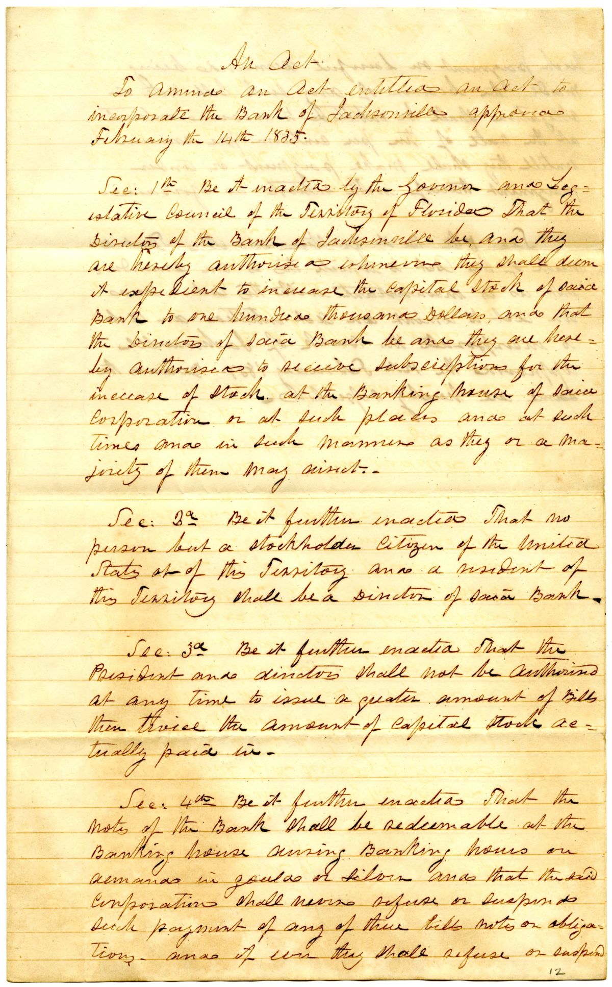 Draft of an Act to Amend an Act to Incorporate the Bank of Jacksonville, 1838