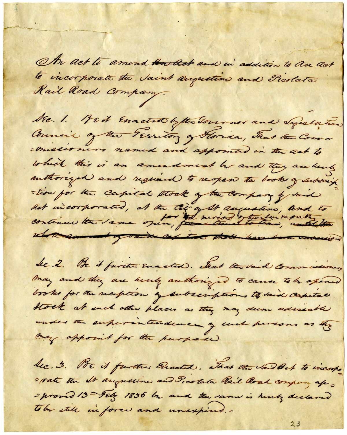 Draft of an Act to Amend and in Addition to an Act to Incorporate the Saint Augustine and Picolata Railroad Company, 1837