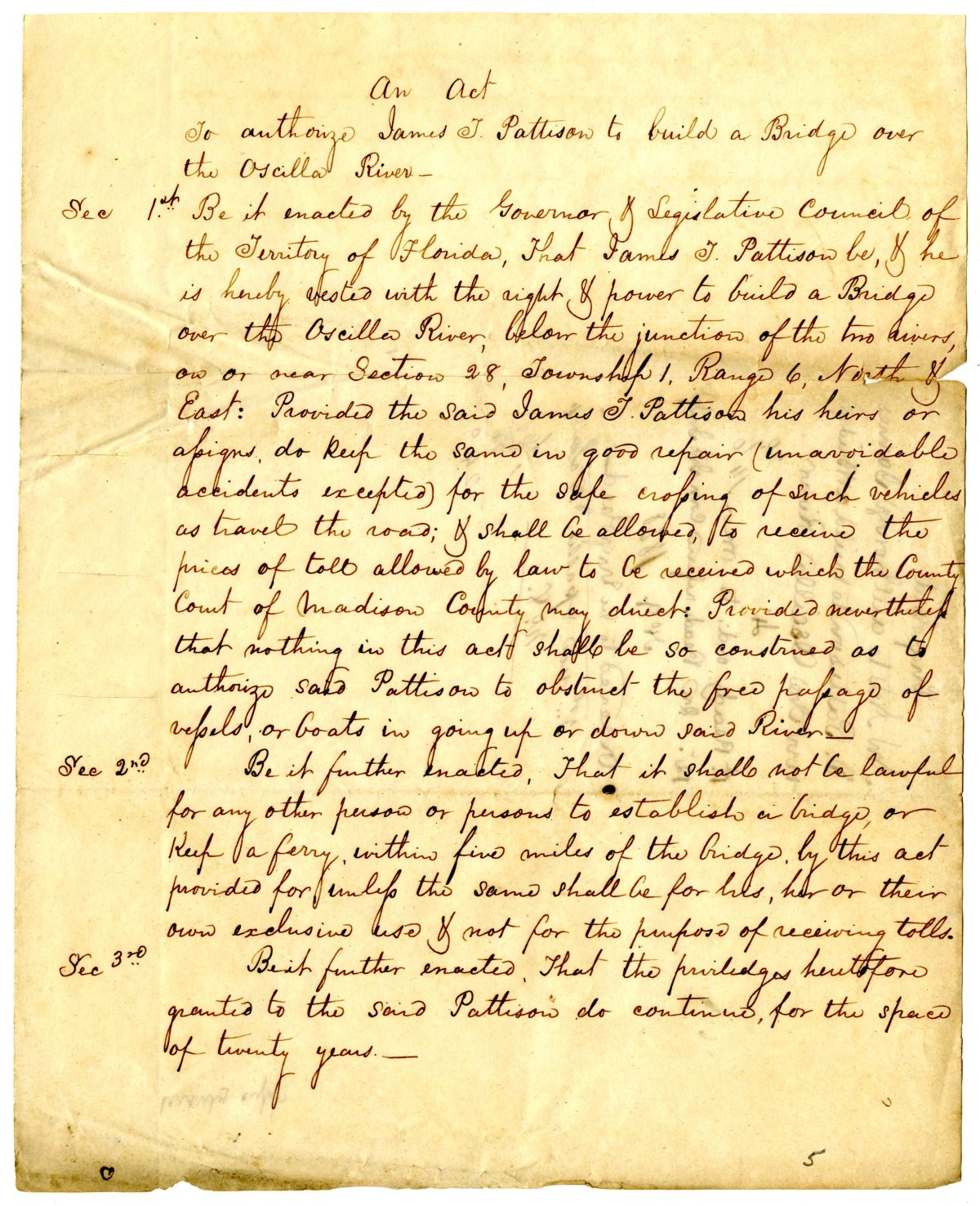 Draft of an Act to Authorize James T. Pattison to Build a Bridge over the Aucilla River, 1838