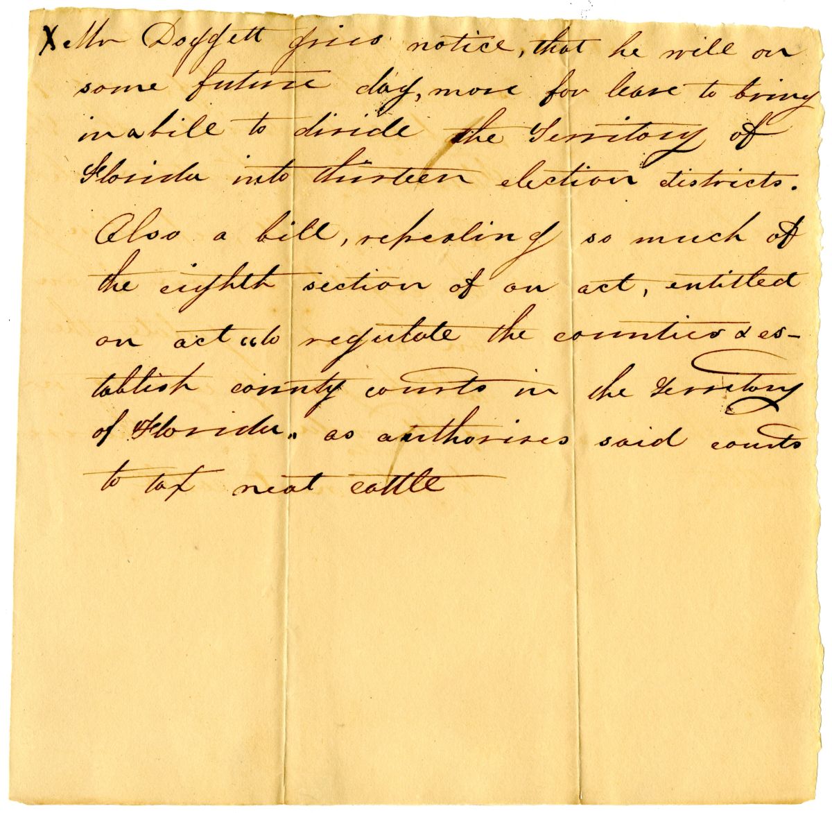 Notice that Representative John L. Doggett Will Motion to Introduce Two Bills, circa 1827