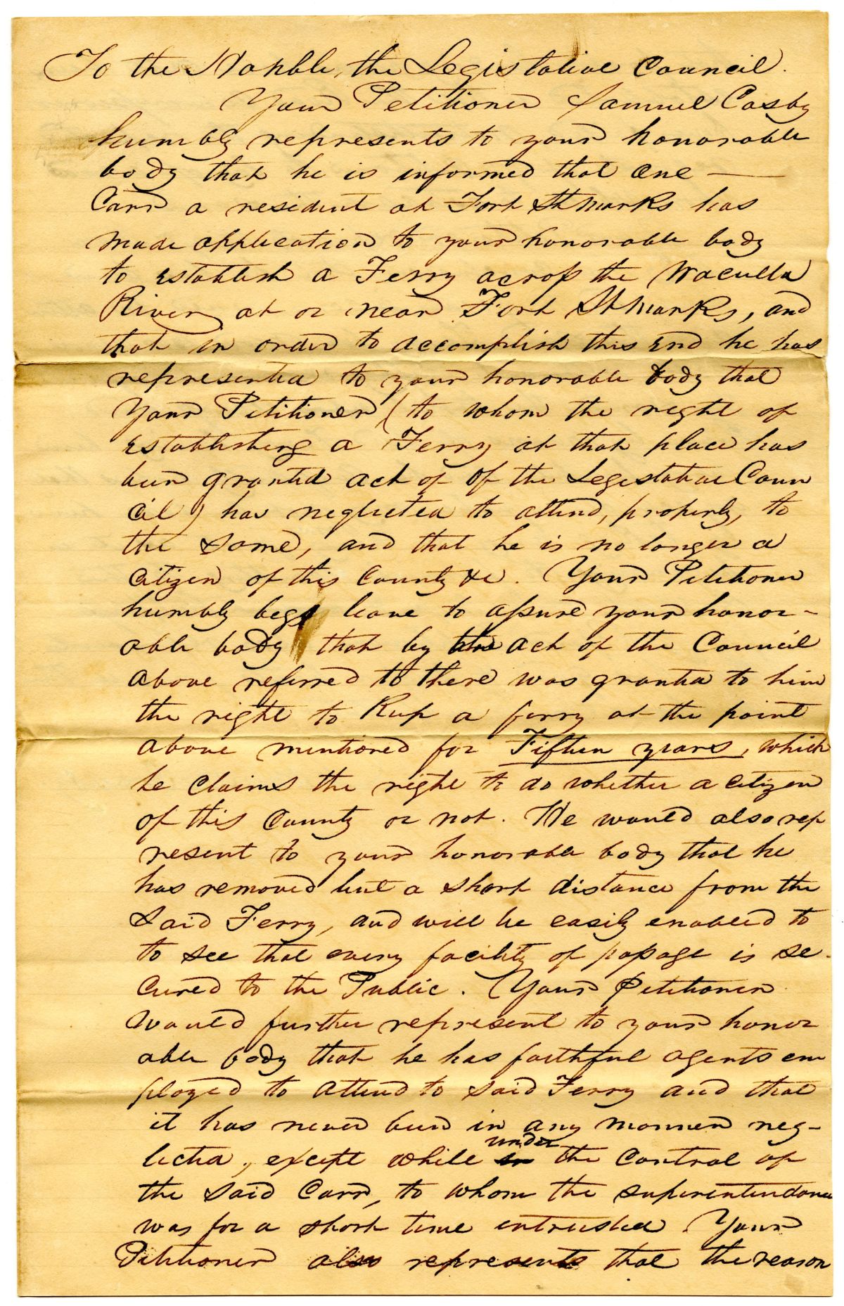 Petition of Samuel Crosby Requesting to Retain His Rights to a Ferry Across the Wakulla River, circa 1830