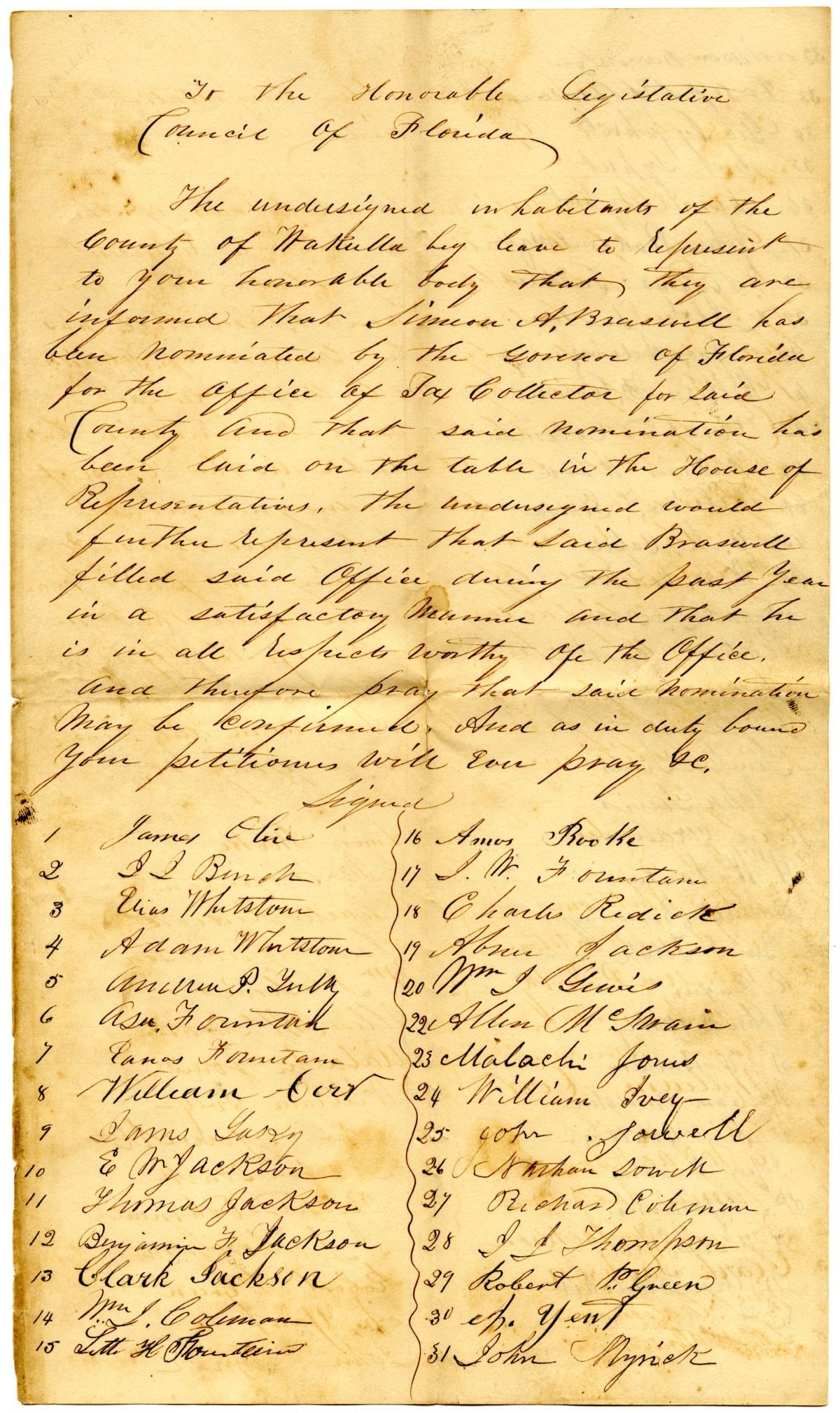 Petition of Citizens of Wakulla County Requesting that Simeon A. Braswell Be Confirmed as Tax Collector, circa 1844