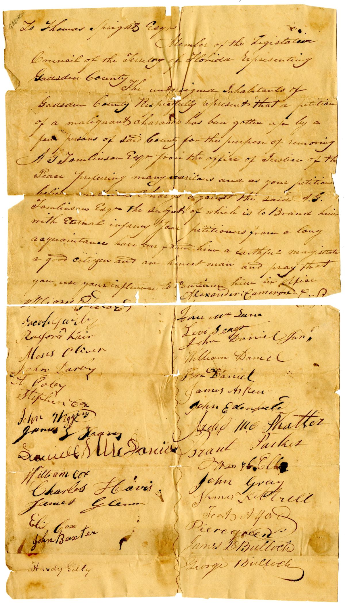 Petition of Citizens of Gadsden County Requesting that A. G. Tomlinson Retain His Position as Justice of the Peace, circa 1827