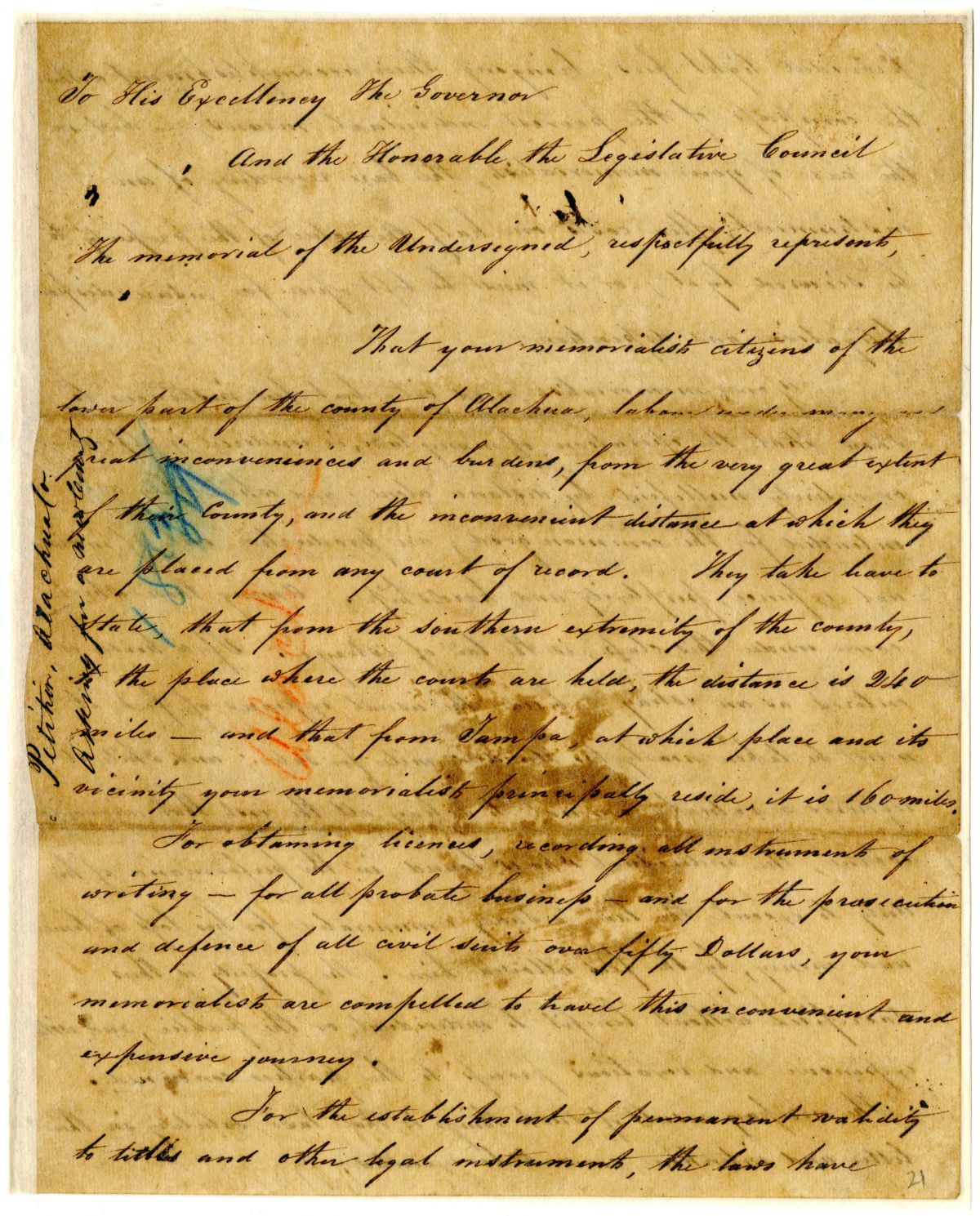 Petition of Citizens of Alachua County Requesting a Division of Their County, circa 1834