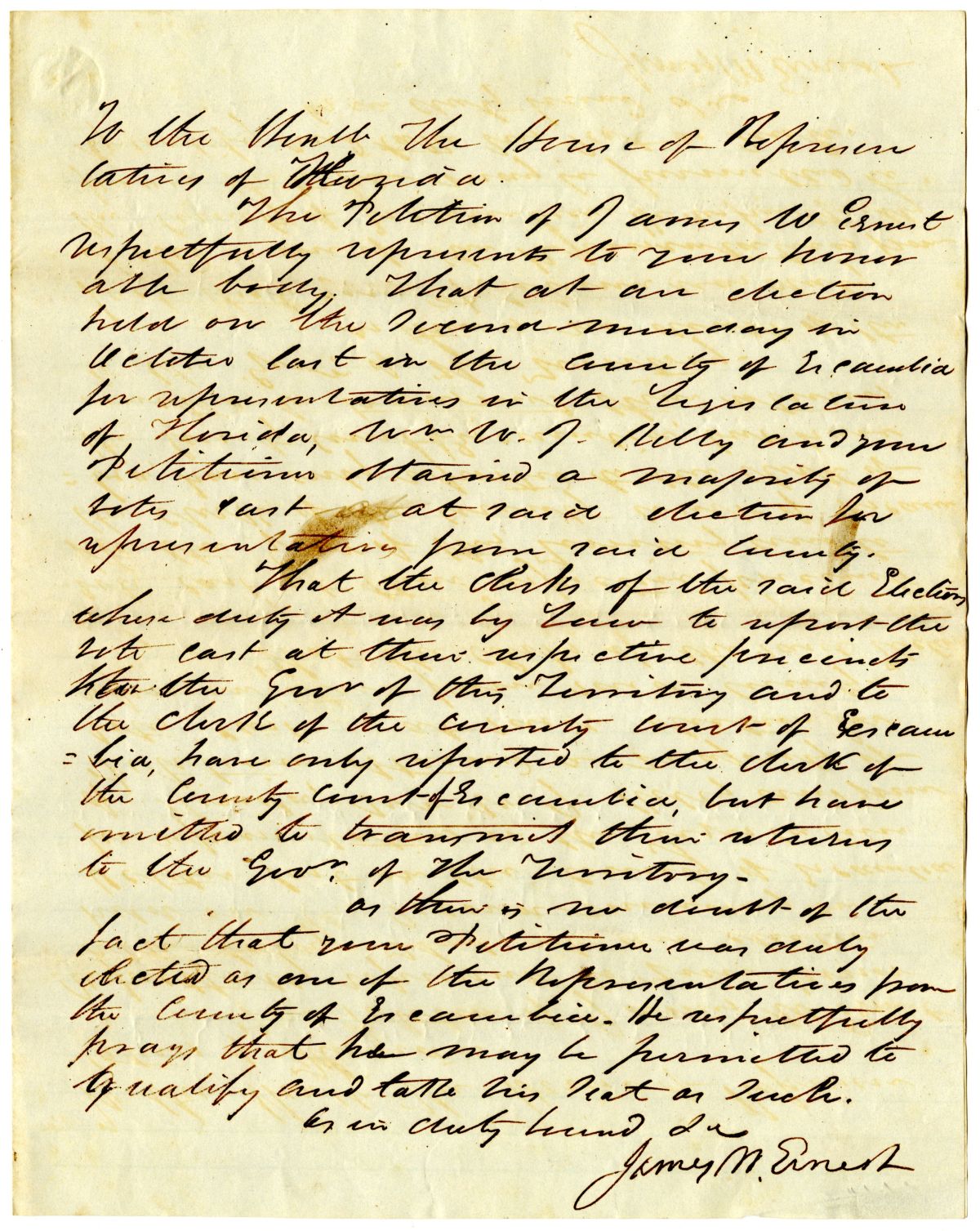 Petition of James W. Ernest Claiming a Seat as a Representative from Escambia County, circa 1842