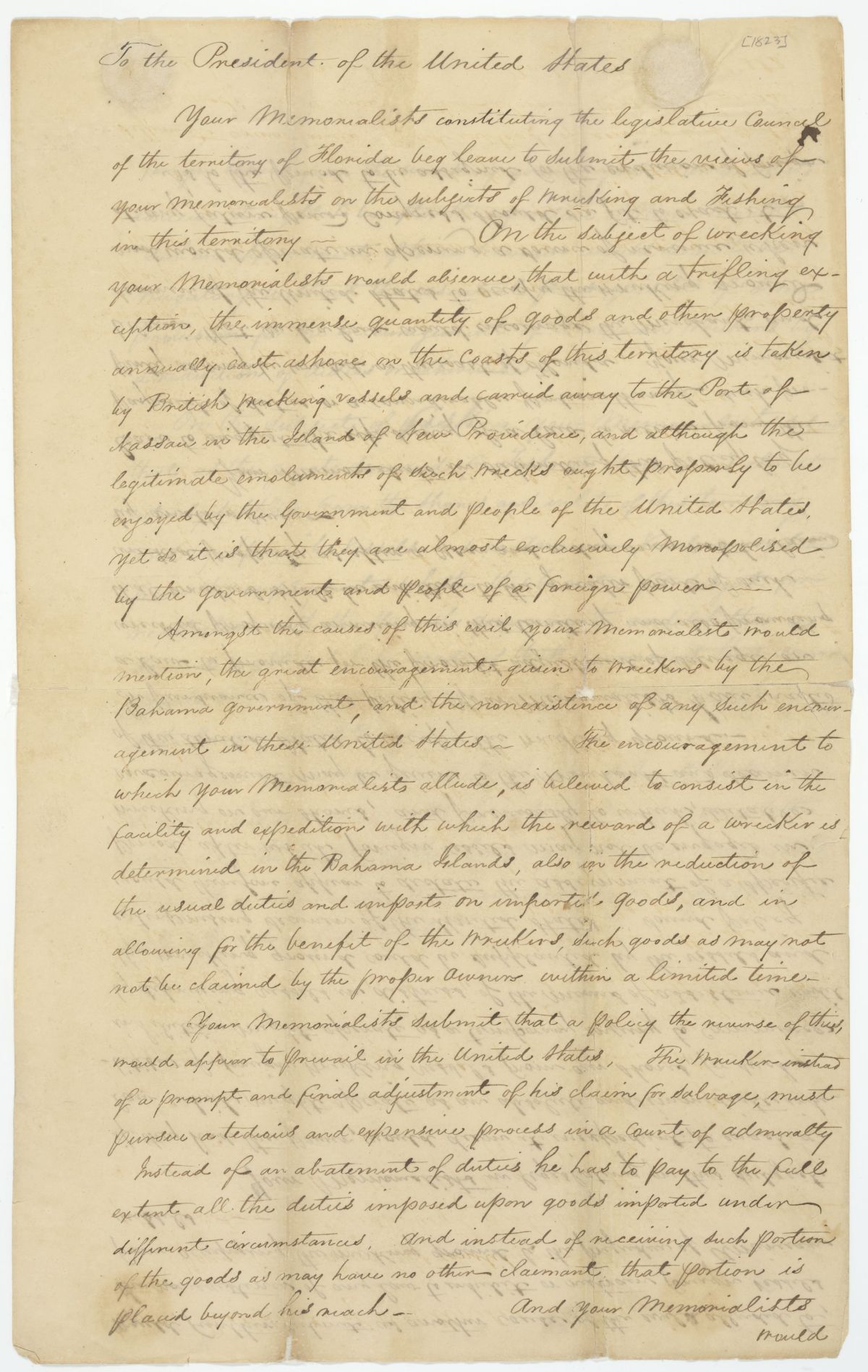 Petition to the President of the United States from the Territorial Legislative Council Requesting New Laws Regarding Wrecking and Fishing, 1823