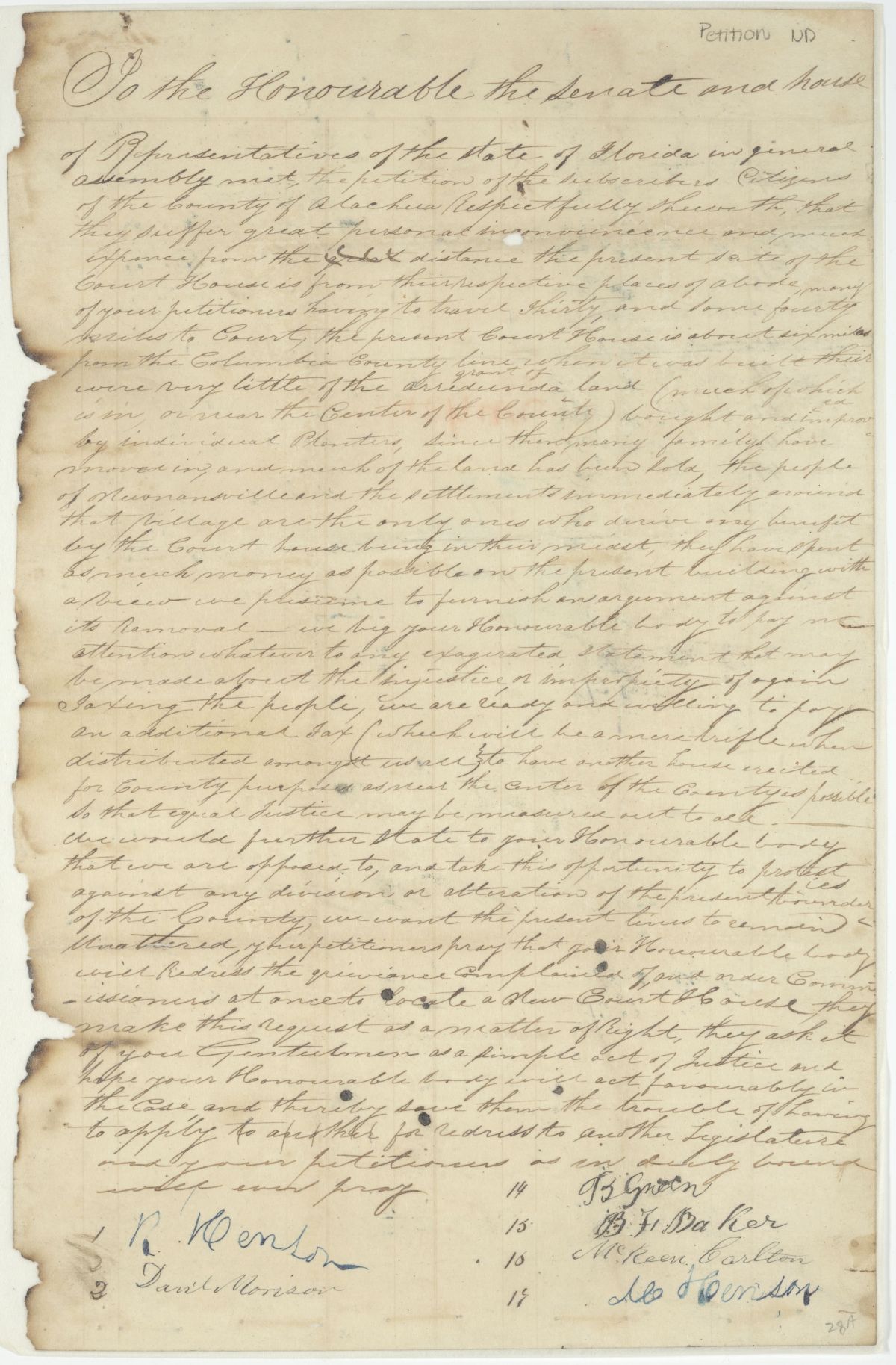 Petition from Citizens of Alachua County Regarding the County's Boundaries and the Location of the County Seat, circa 1850