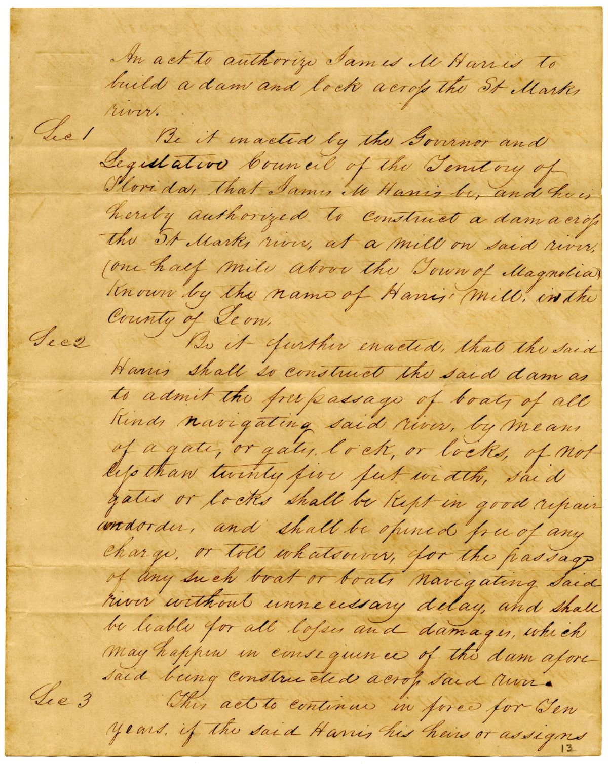 Draft of an Act to Authorize James M. Harris to Build a Dam and Lock Across the Saint Marks River, 1839