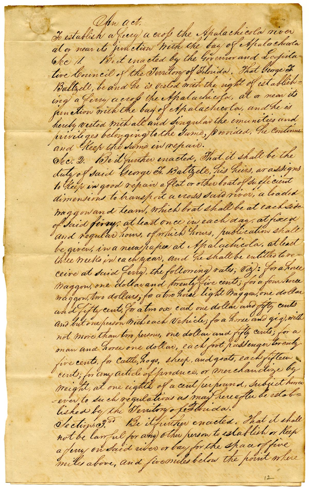 Draft of an Act to Establish a Ferry Across the Apalachicola River, 1839