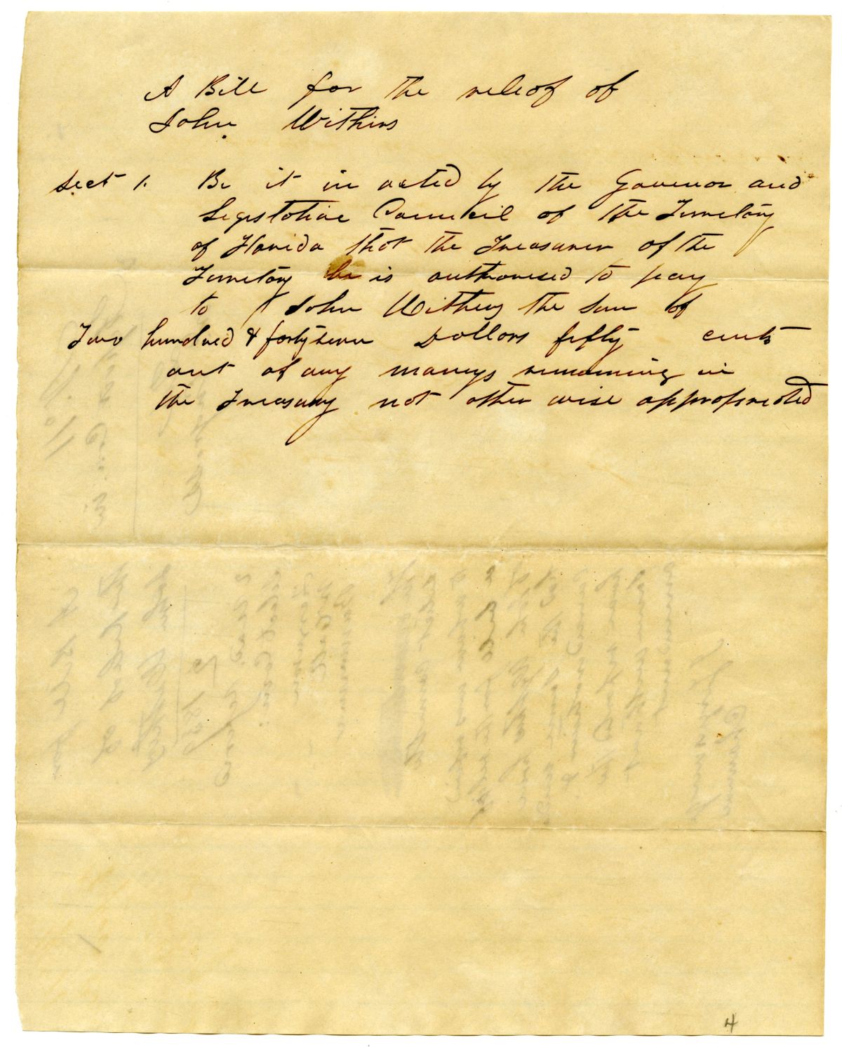 Draft of an Act for the Relief of John Withers, 1839