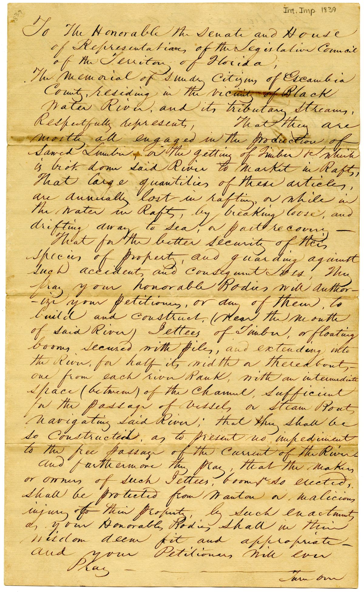 Petition of Citizens of Escambia County Requesting Permission to Build Jetties on Blackwater River, circa 1839