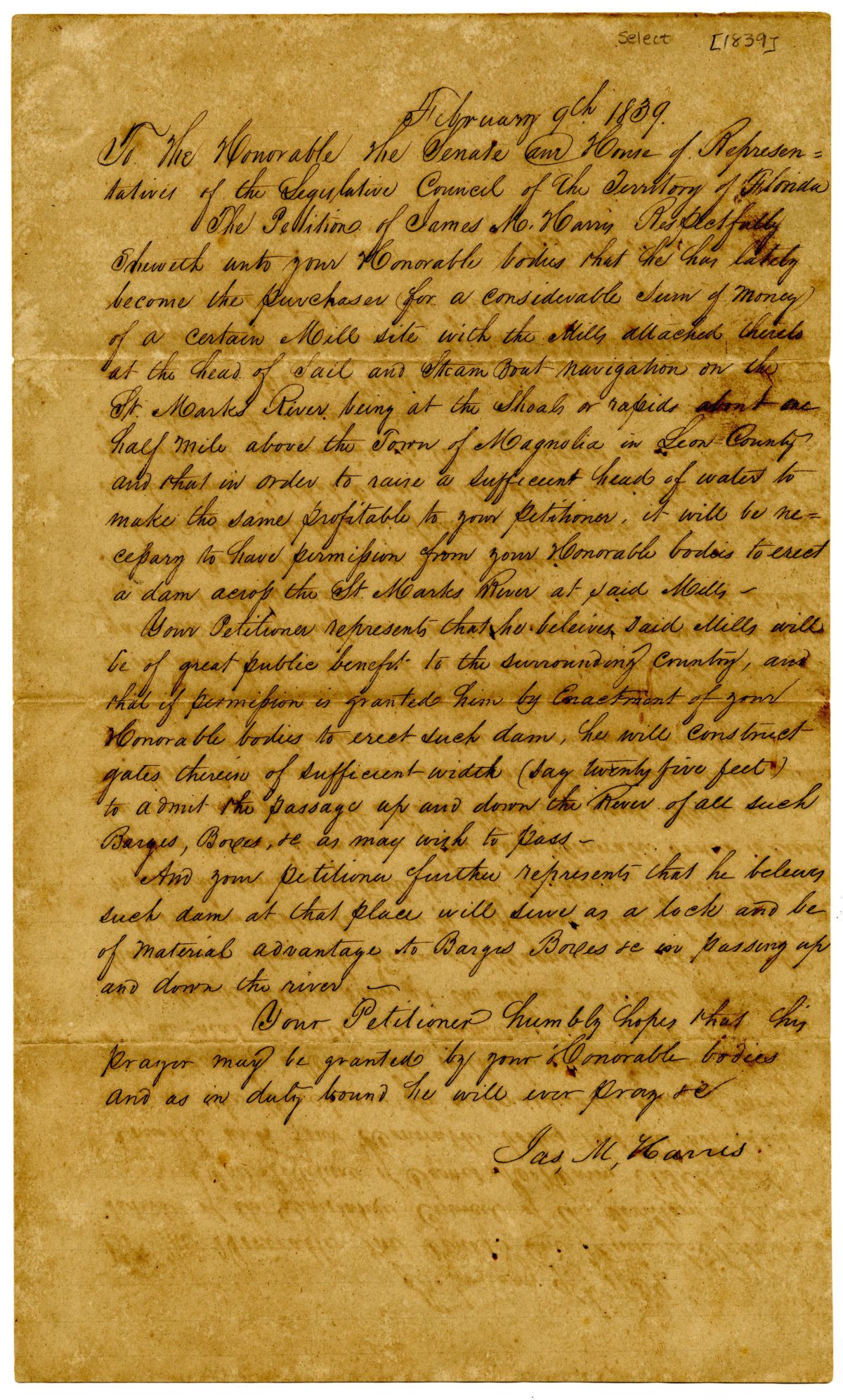 Petition of James M. Harris Requesting Permission to Build a Dam on the Saint Marks River, 1839