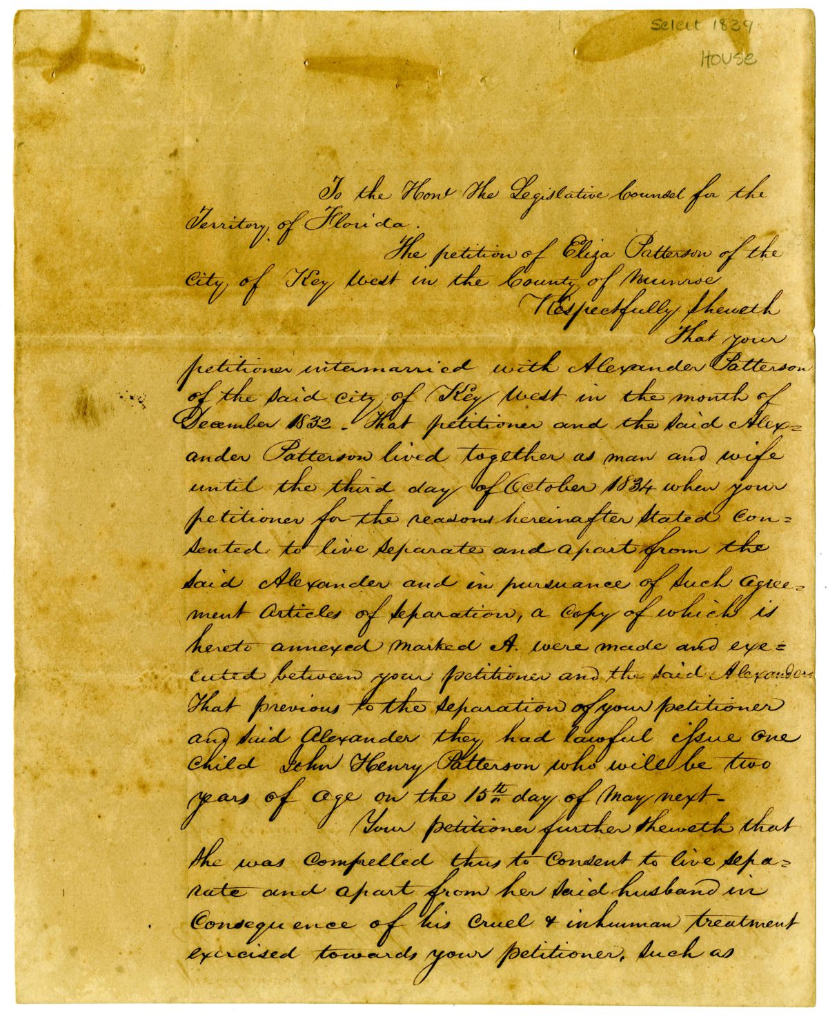 Divorce Petition of Eliza Patterson, 1839