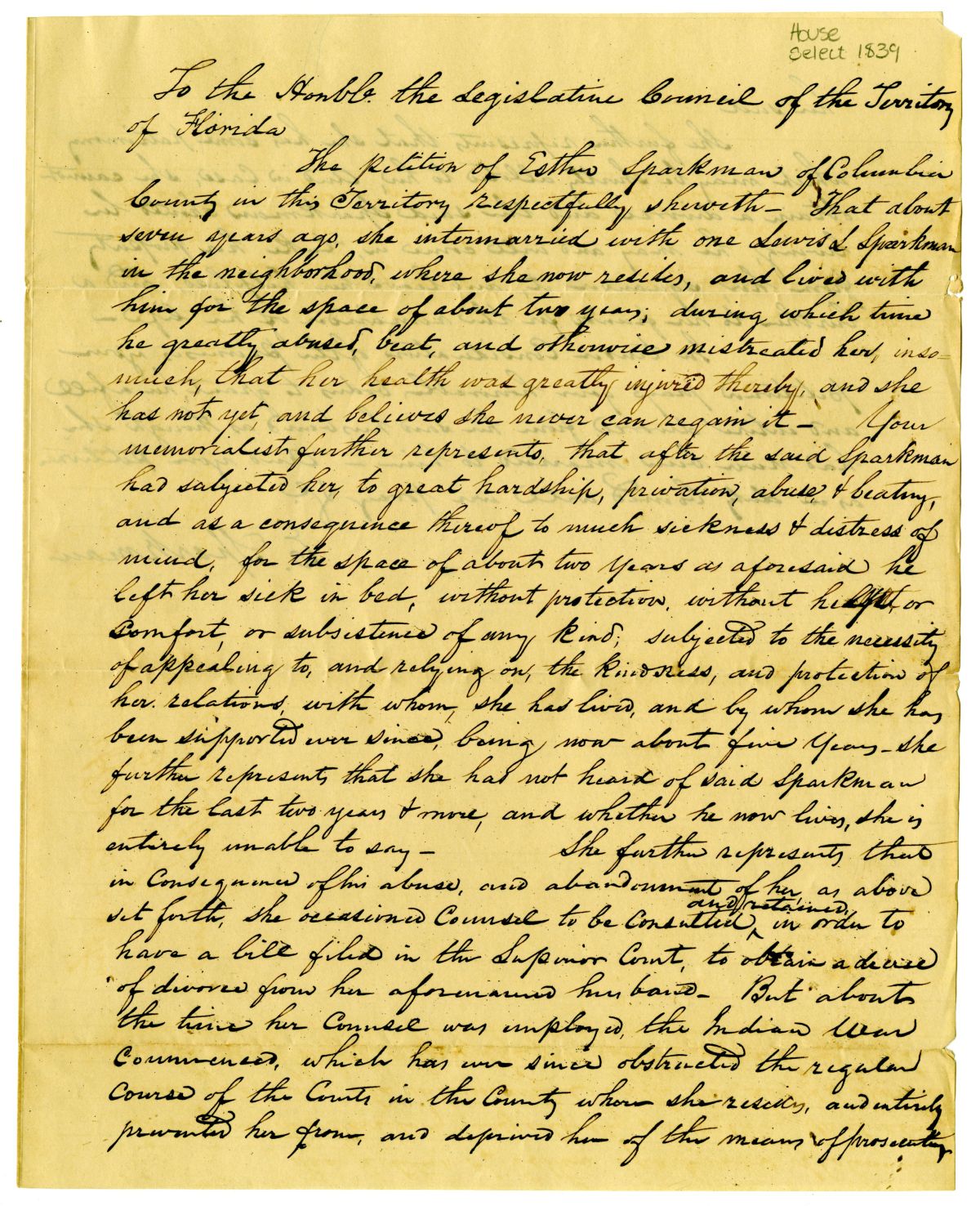 Divorce Petition of Esther Sparkman with Supporting Affidavits, 1839