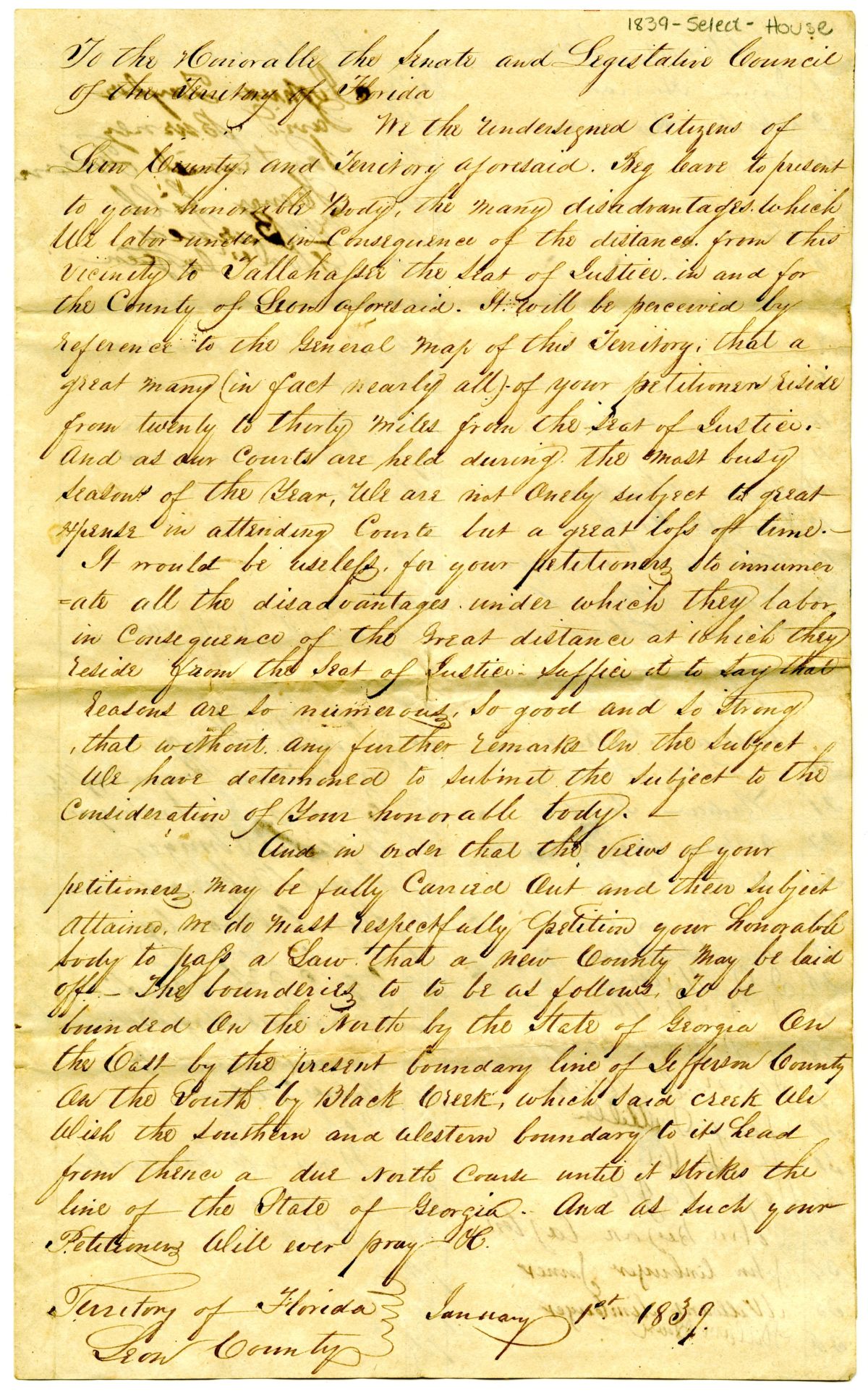 Petition of Citizens Requesting that Leon County Be Divided, 1839