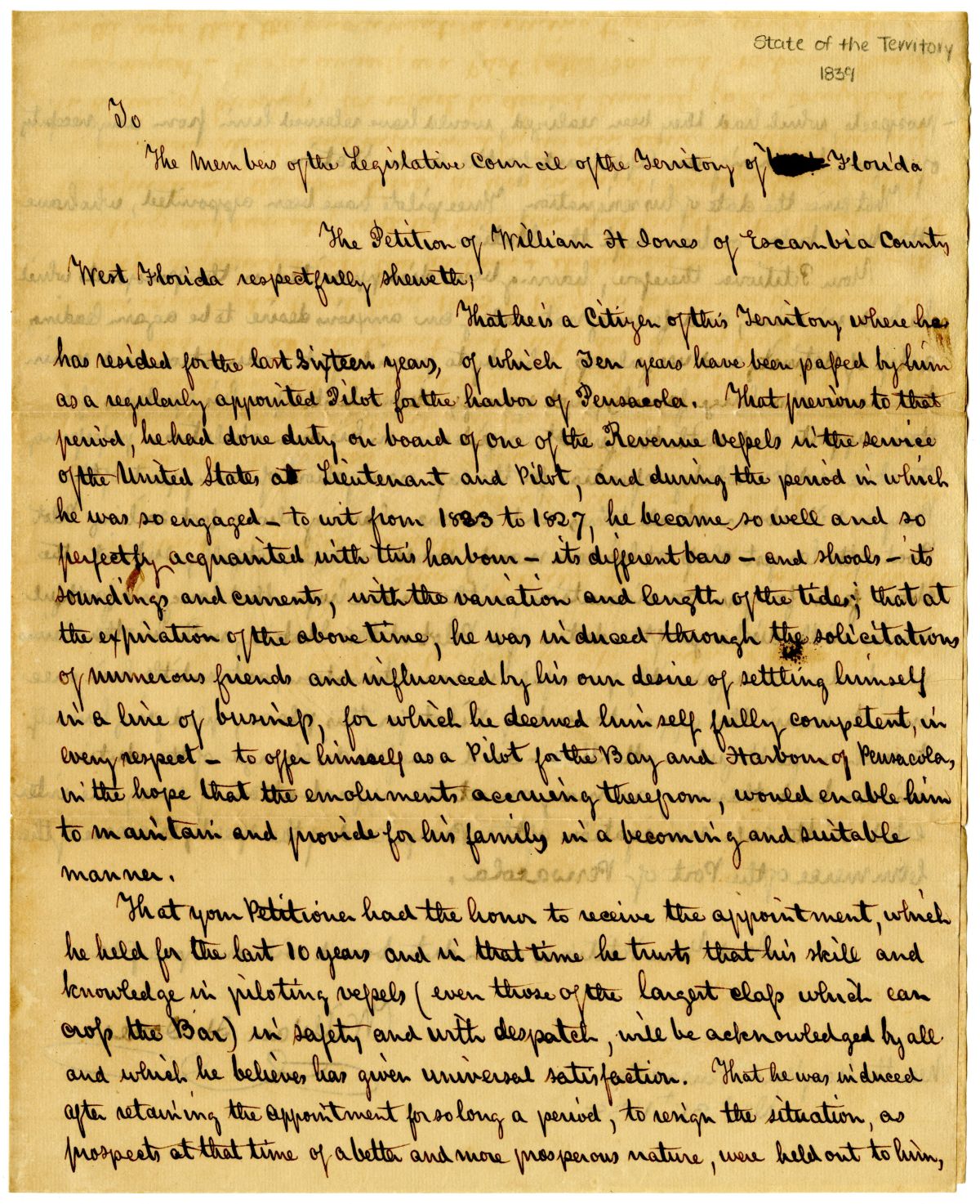 Petition of William H. Jones Requesting to Be the Pilot of Pensacola Harbor, 1838