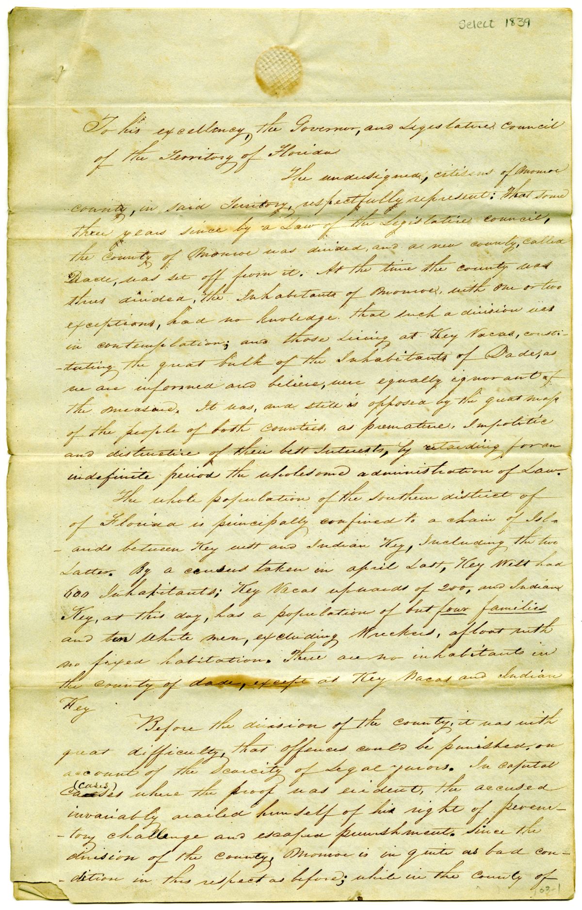 Petition Requesting the Repeal of the Law Creating Dade County, circa 1839