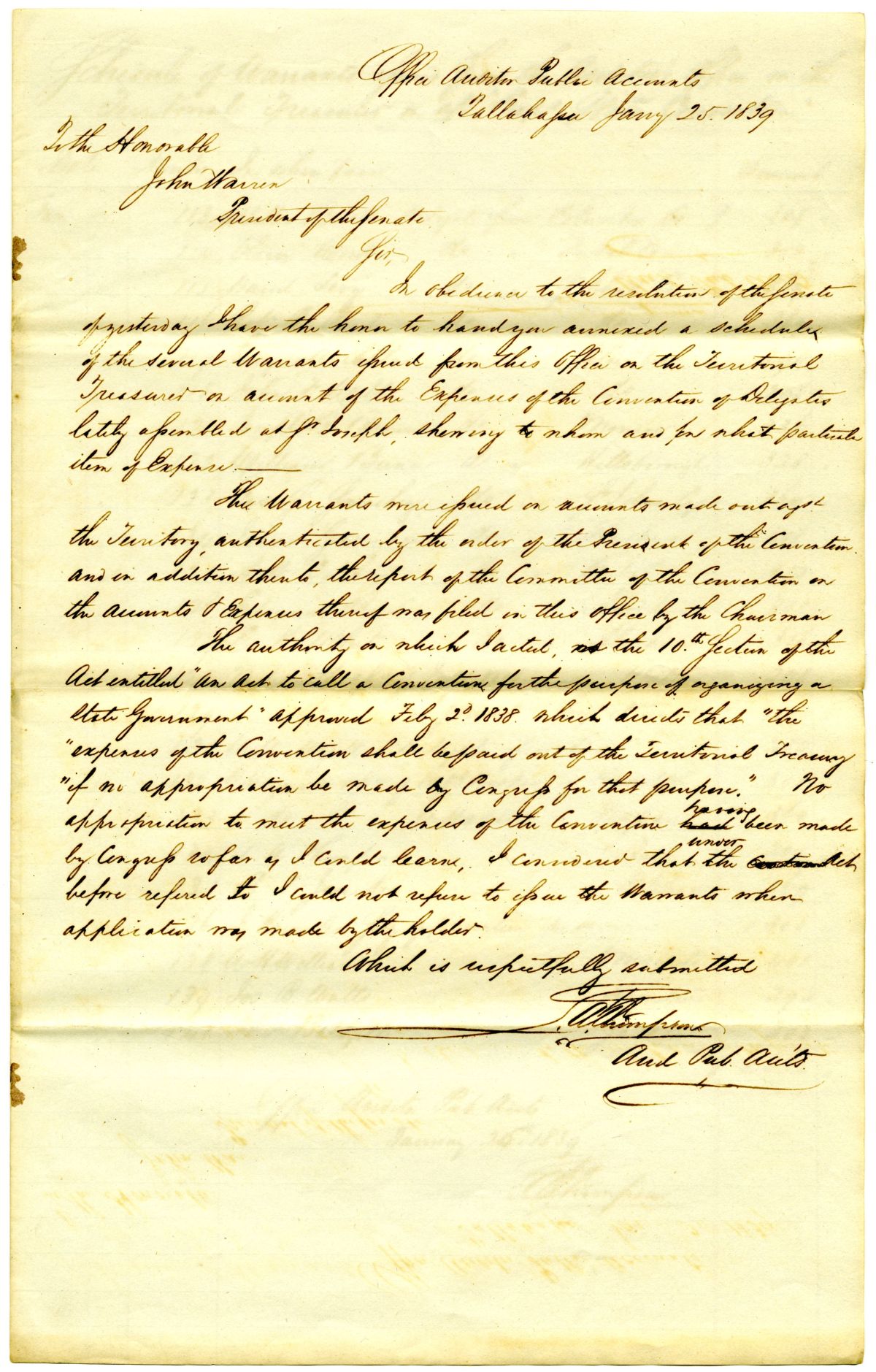 Letter to the Florida Senate Enclosing a Statement of Expenses Incurred by the Convention at Saint Joseph, 1839