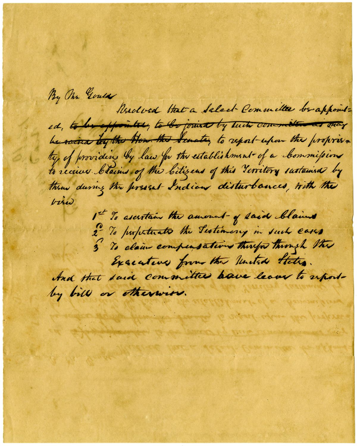 Resolution Proposing that a Committee Be Formed to Investigate the Propriety of Creating a Commission of Indian War Claims, 1839