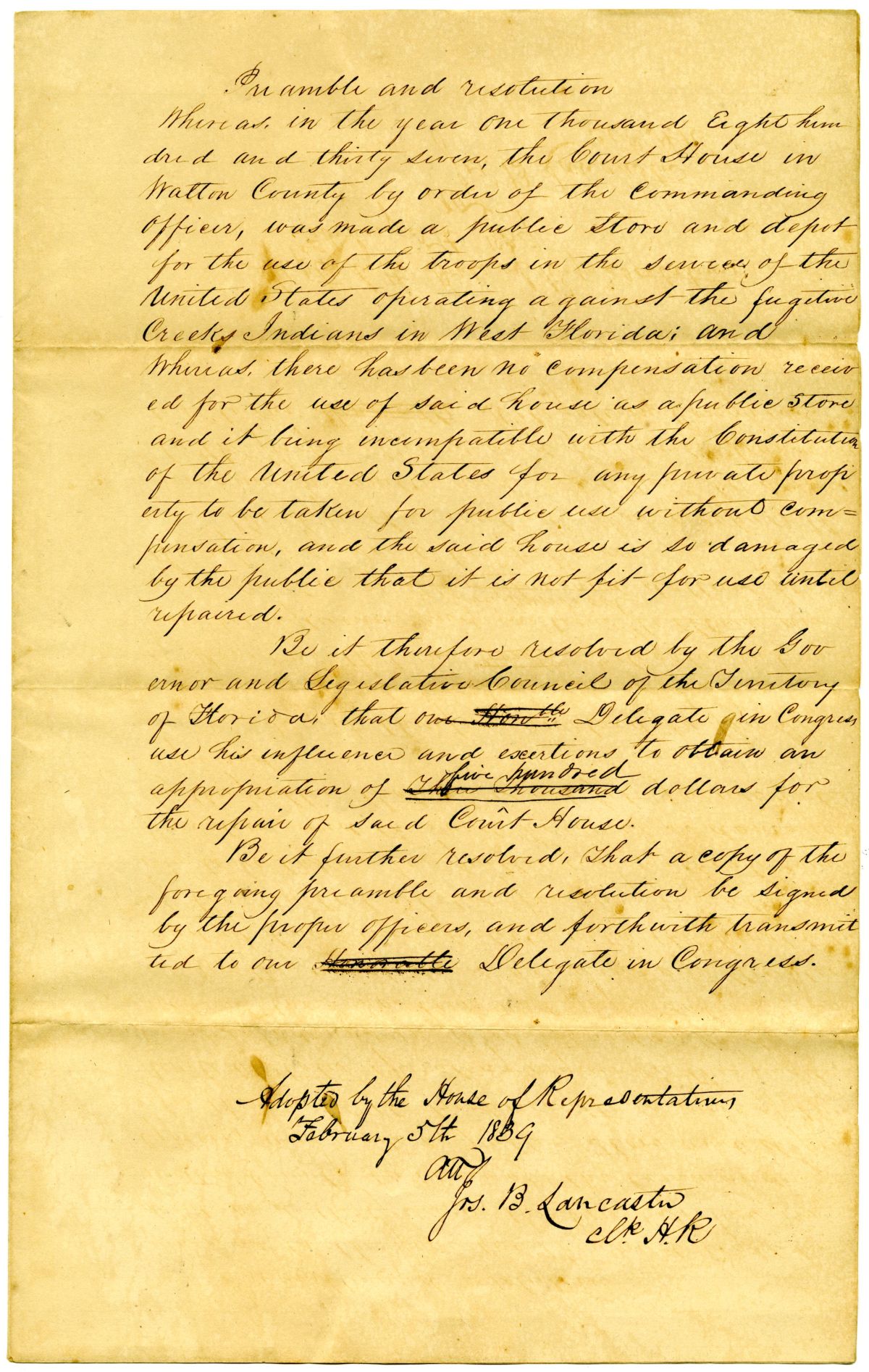 Resolution Directing the Florida Delegate in Congress to Request an Appropriation for Repairing the Courthouse in Walton County, 1839