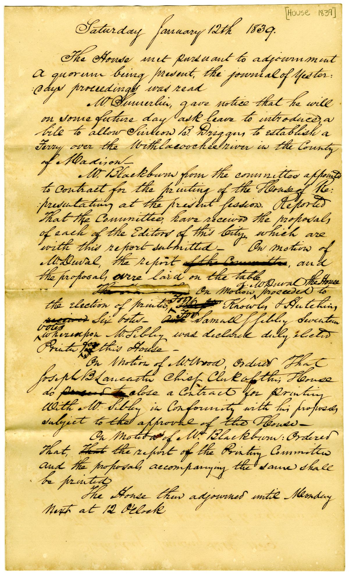 Minutes of the Florida House of Representatives, 1839