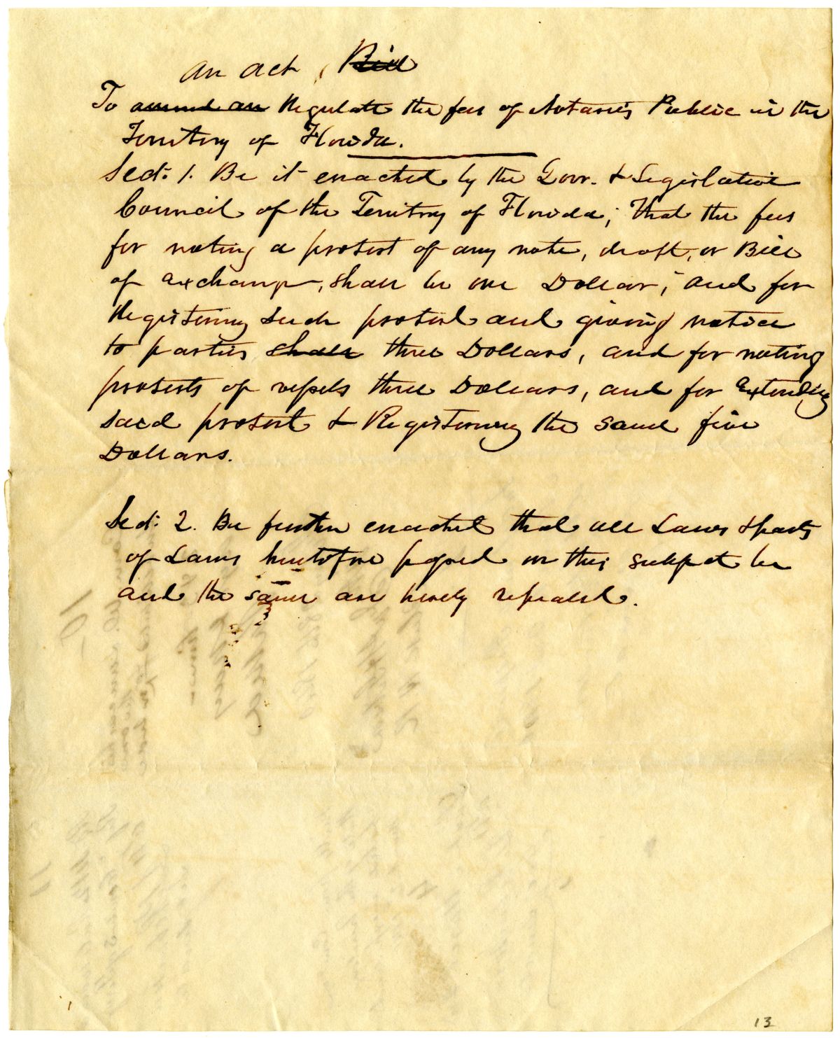 Draft of an Act to Regulate the Fees of Notaries Public in the Territory of Florida, 1840