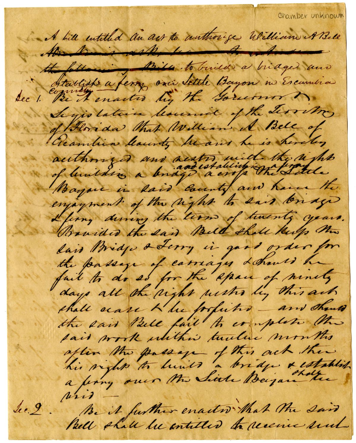 Draft of an Act to Authorize William A. Bell to Build a Bridge and Establish a Ferry over Little Bayou in Escambia County, 1840