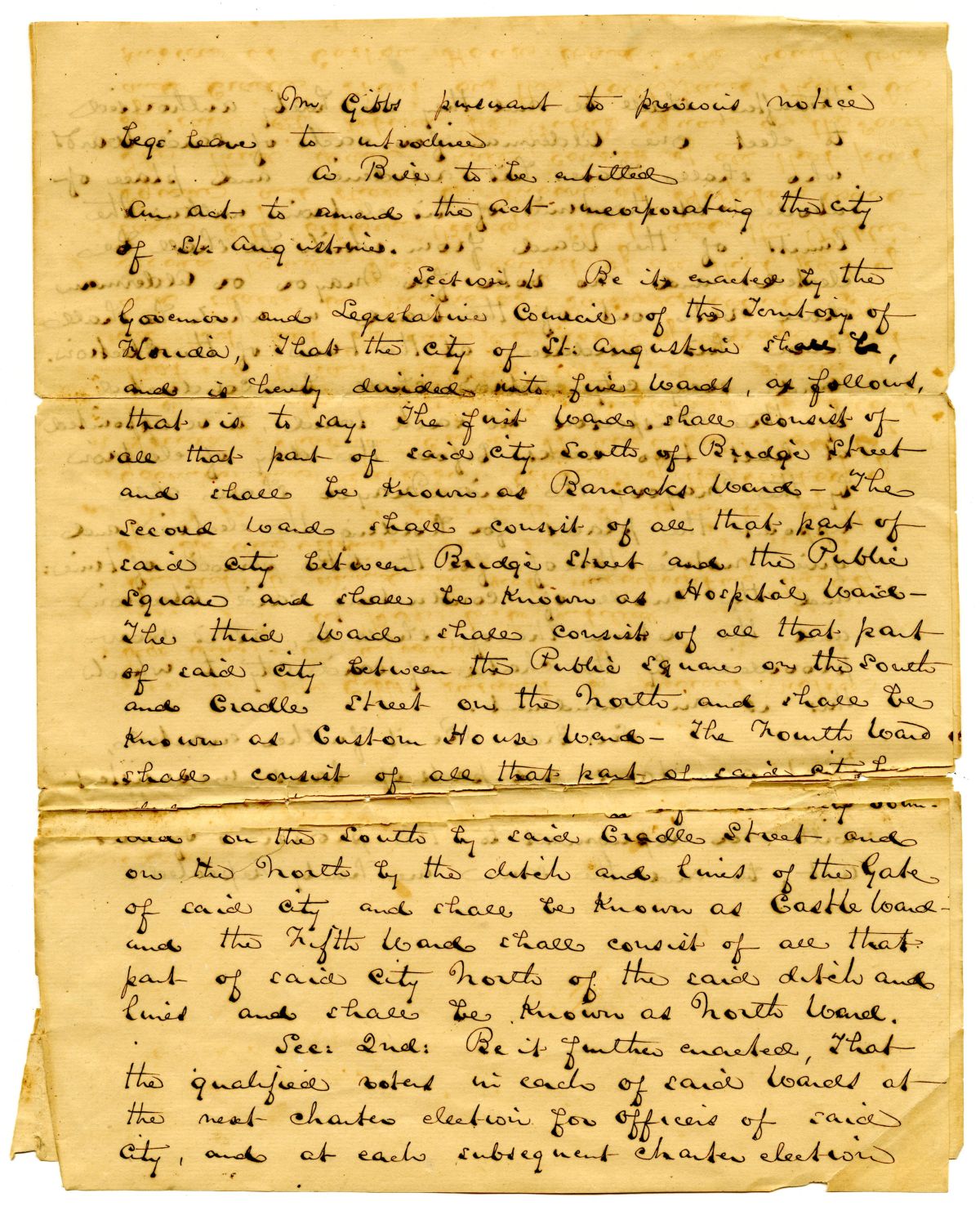 Draft of an Act to Amend an Act Incorporating the City of Saint Augustine, 1840