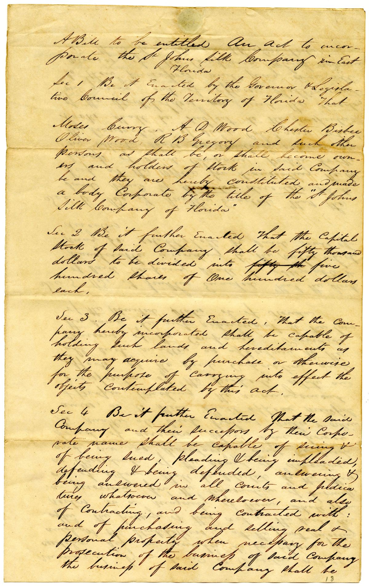 Draft of an Act to Incorporate the Saint Johns Silk Company in East Florida, 1839