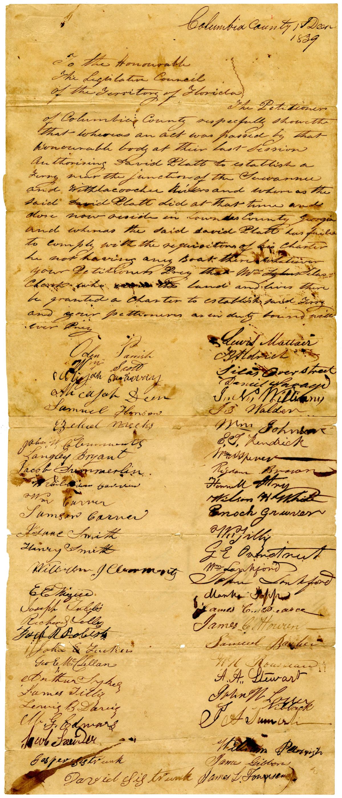 Petition of Citizens of Columbia County Requesting that Silas Clark Be Granted a Charter to Establish a Ferry, 1839