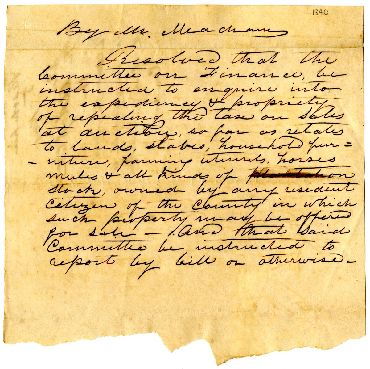 Resolution Instructing the Committee on Finance to Inquire into the Expediency of Repealing an Auction Tax, 1840